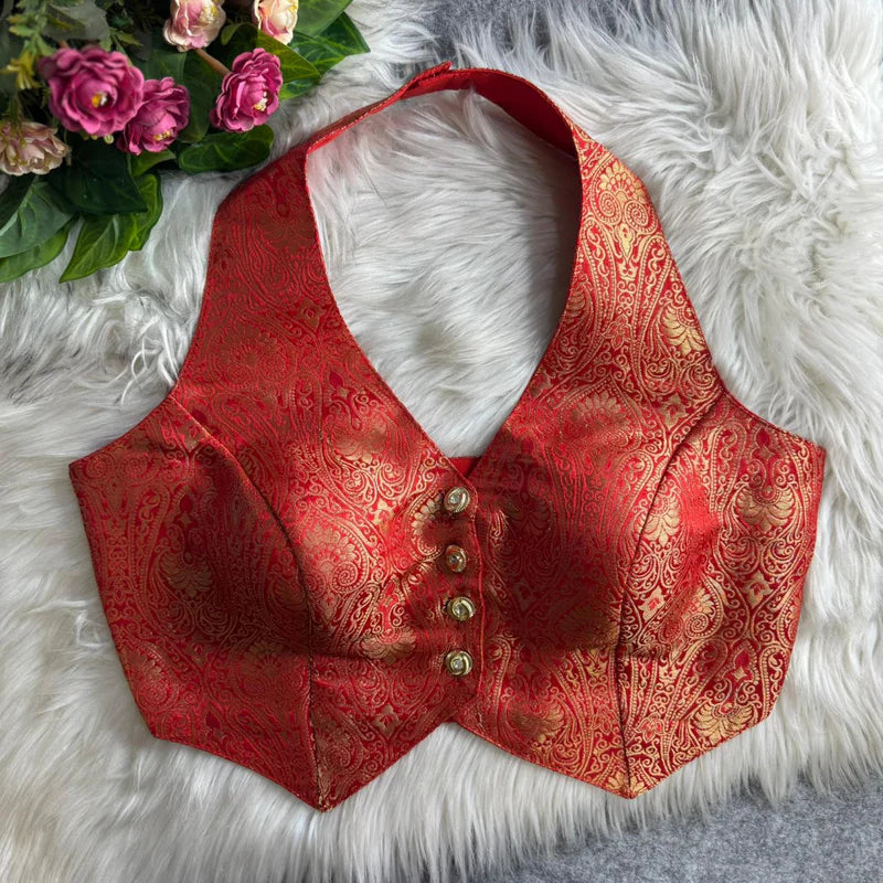 Red Banarasi Jacquard Silk Halter Neck Blouse with Embroidery & Sequins