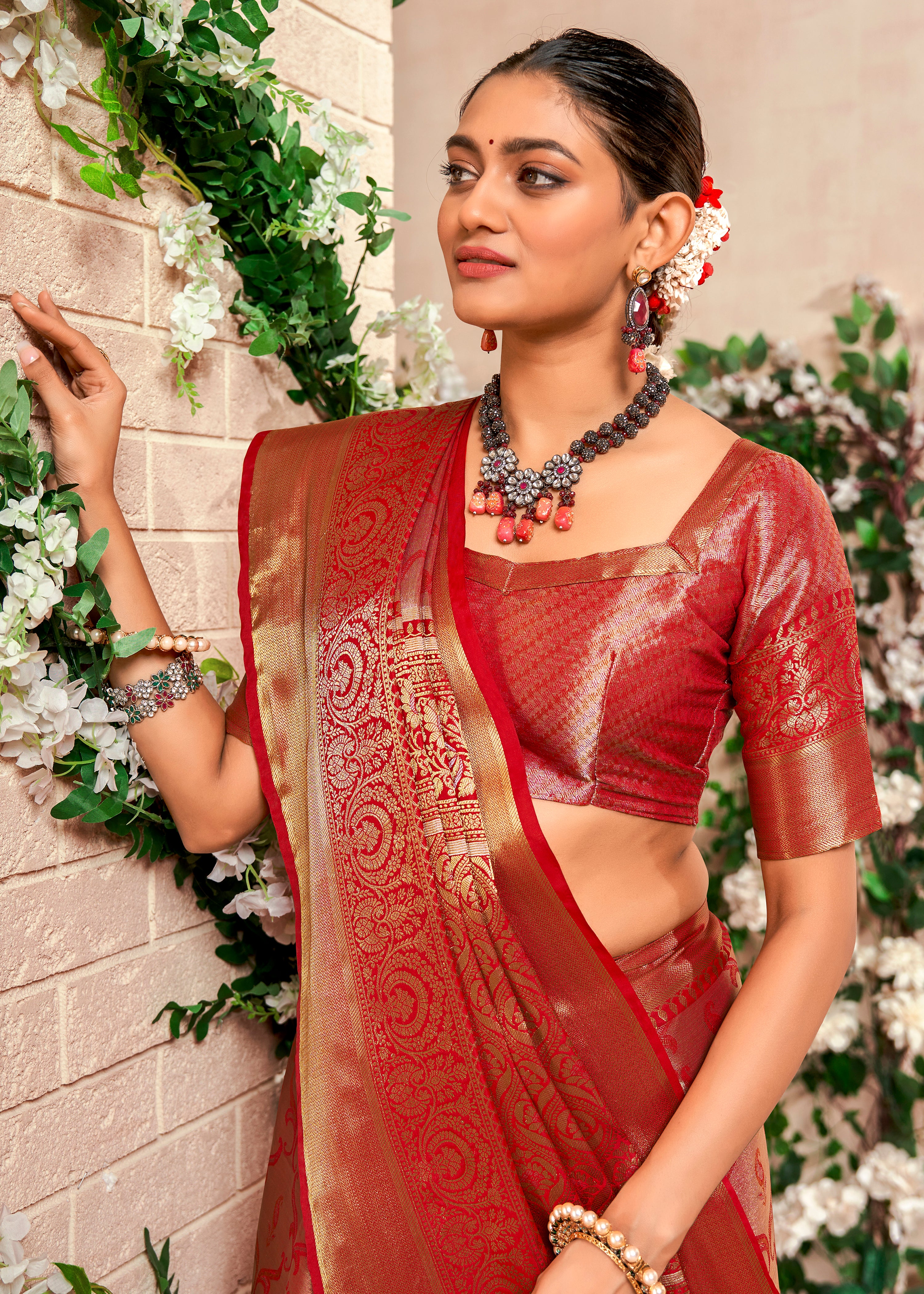 Red Banarasi Silk Saree With  Zari Jacquard Woven Work