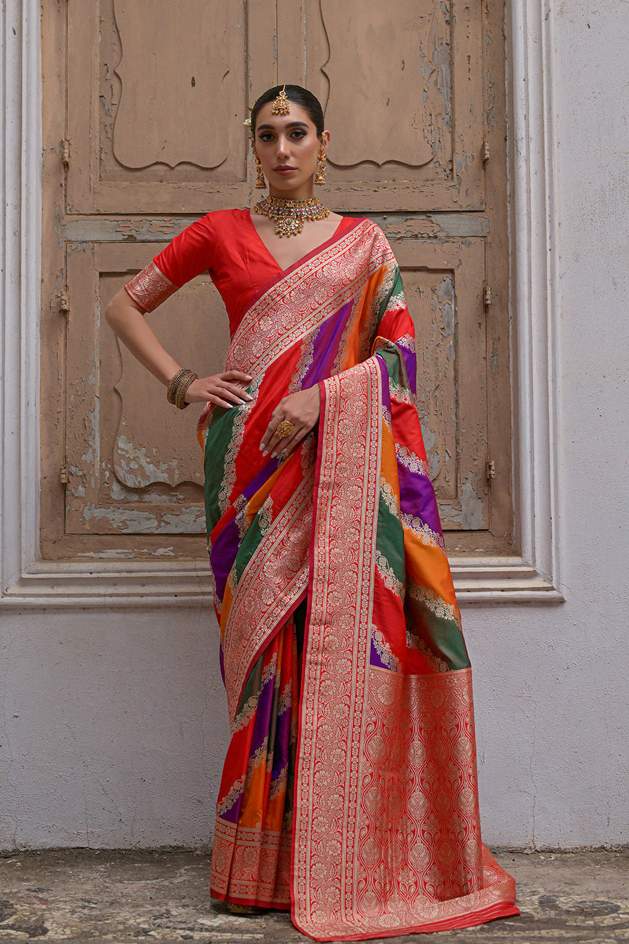 Red Banarasi Silk Saree with Leriya Zari and Contrast Pallu