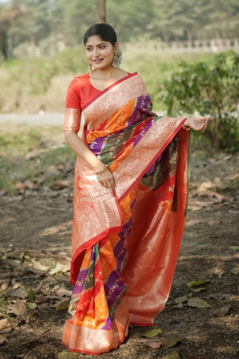 Red Banarasi Silk Saree with Leriya Zari and Contrast Pallu