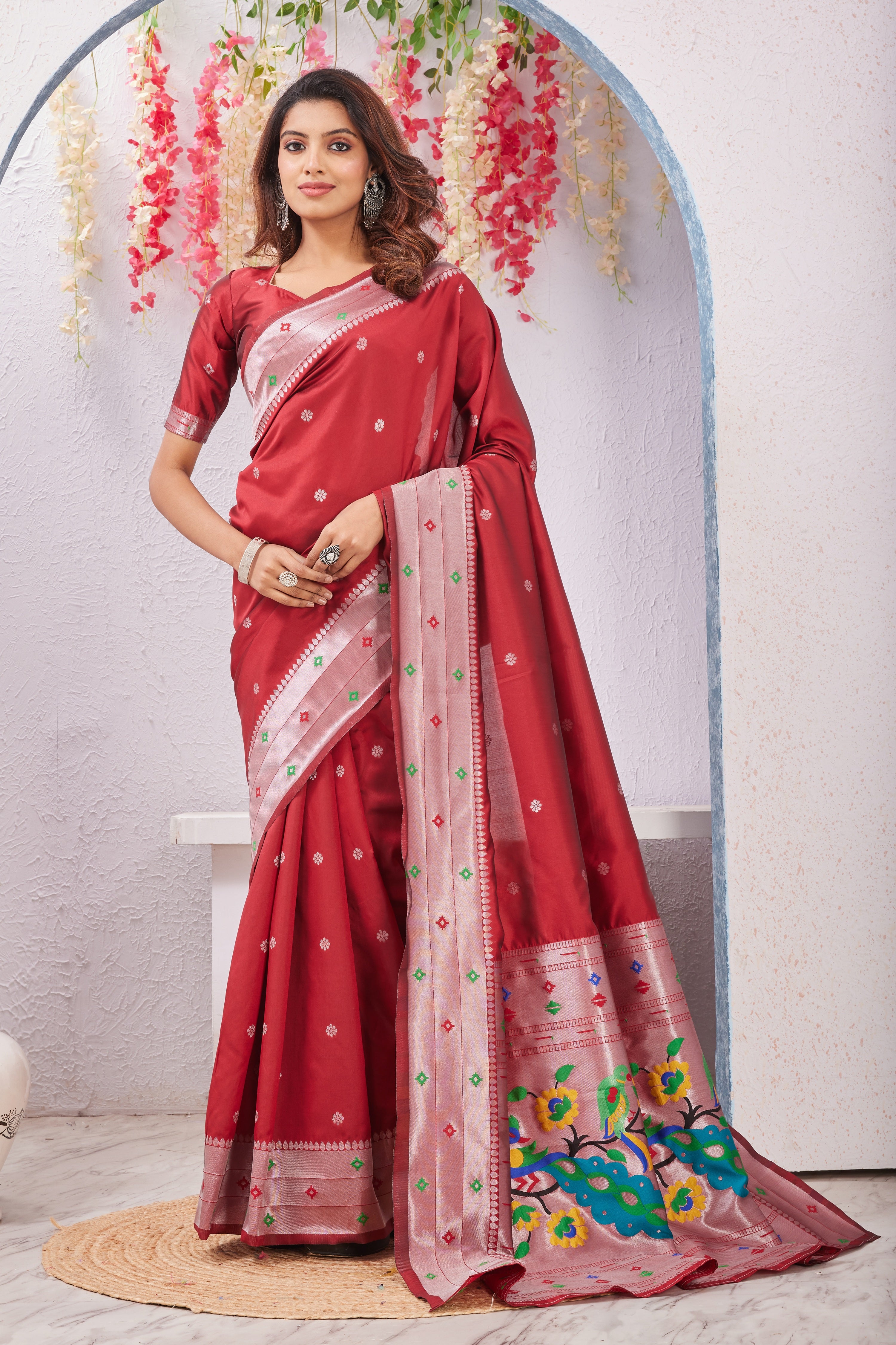 Red Banarasi Silk Saree with Peacock Motif, Rich Pallu & Jacquard Jari Work