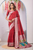 Red Banarasi Silk Saree with Peacock Motif, Rich Pallu & Jacquard Jari Work