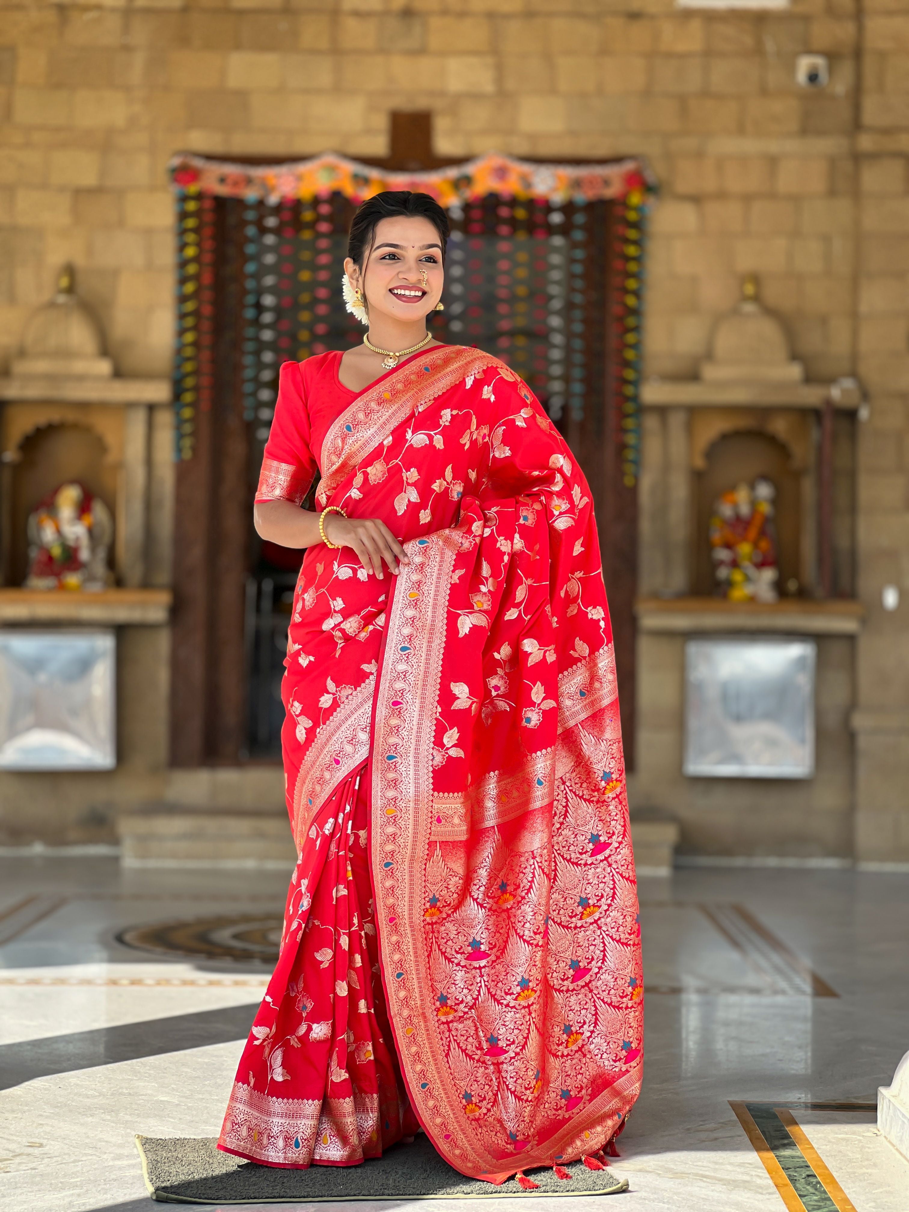 Red Banarasi Silk Woven Jacquard Designer Ceremonial Partywear Saree