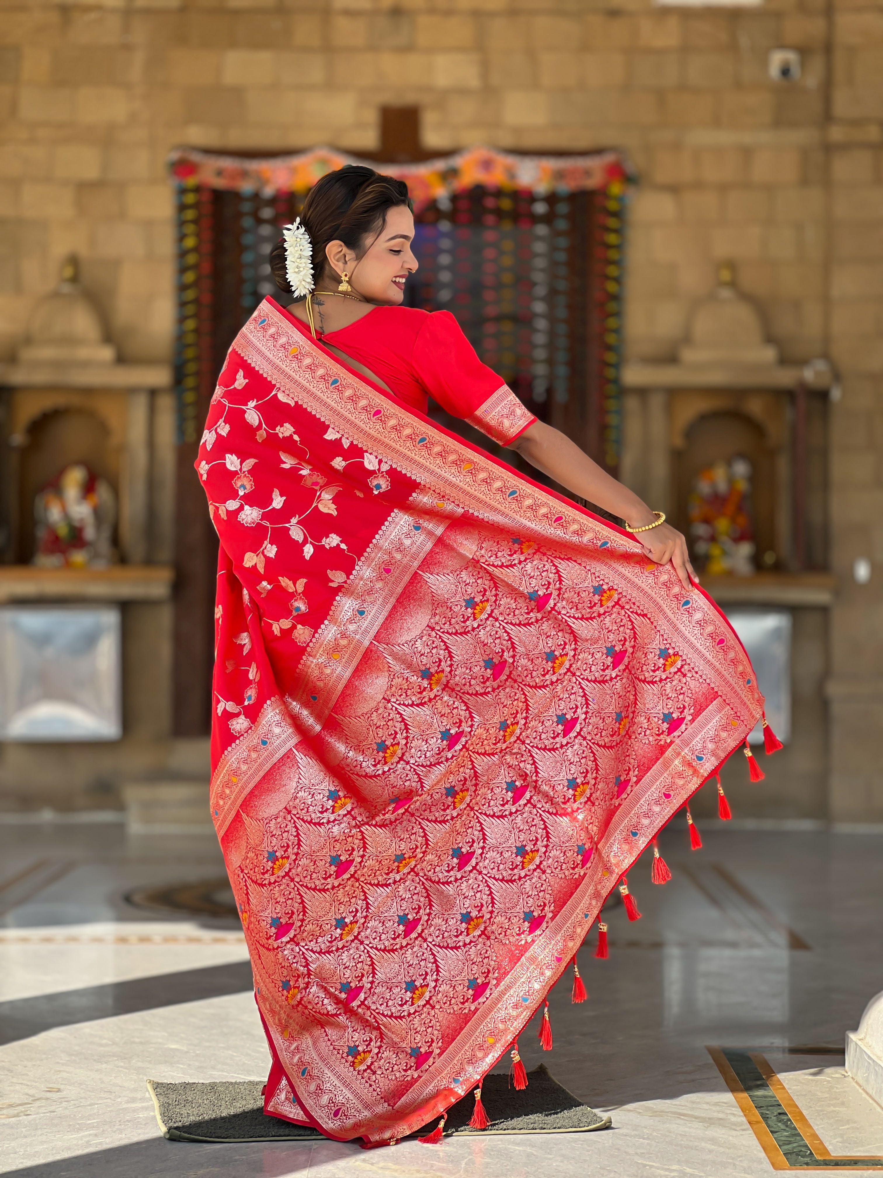 Red Banarasi Silk Woven Jacquard Designer Ceremonial Partywear Saree