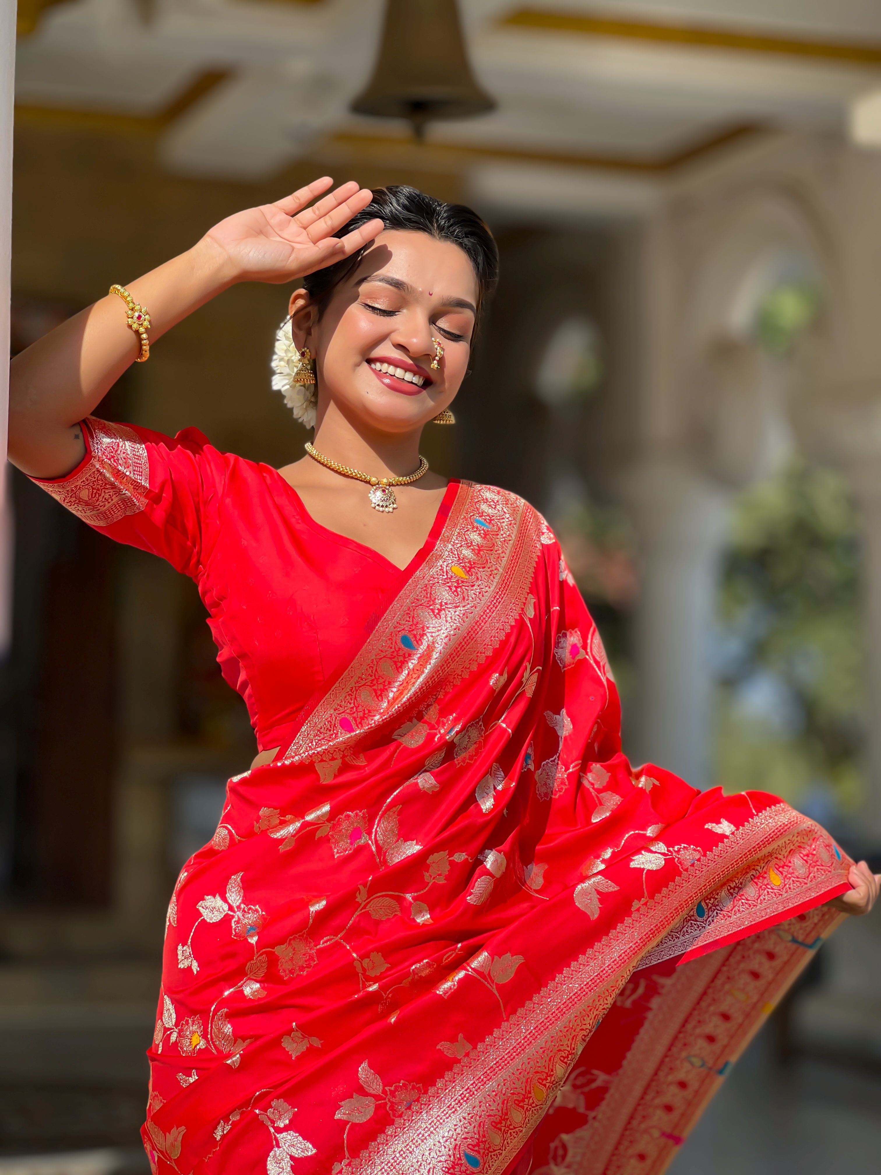 Red Banarasi Silk Woven Jacquard Designer Ceremonial Partywear Saree