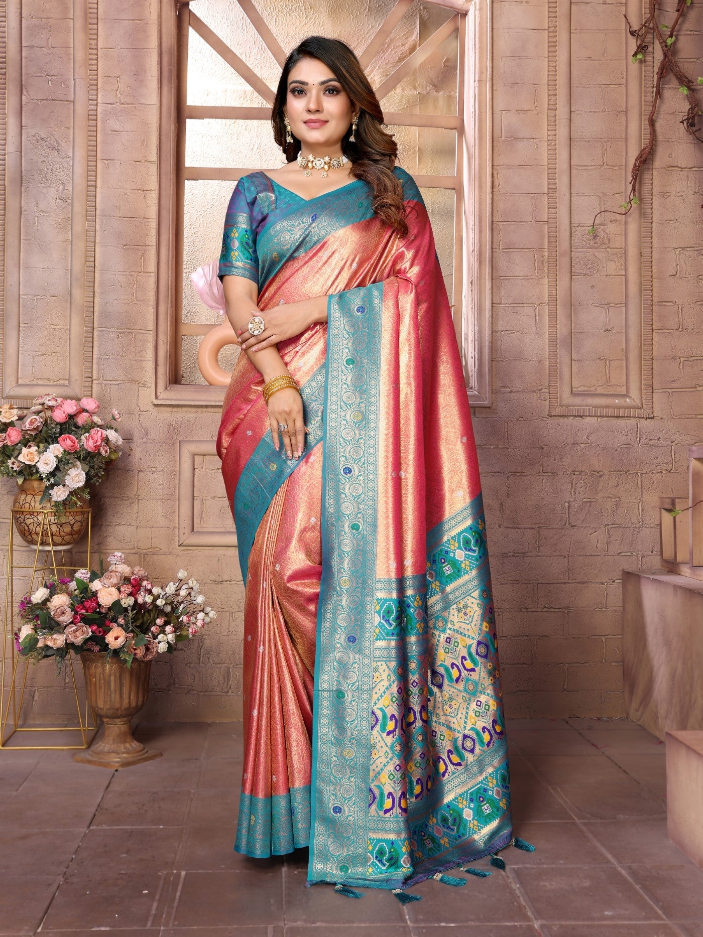 Red Banarasi Tissue Silk Saree With Traditional Weaving