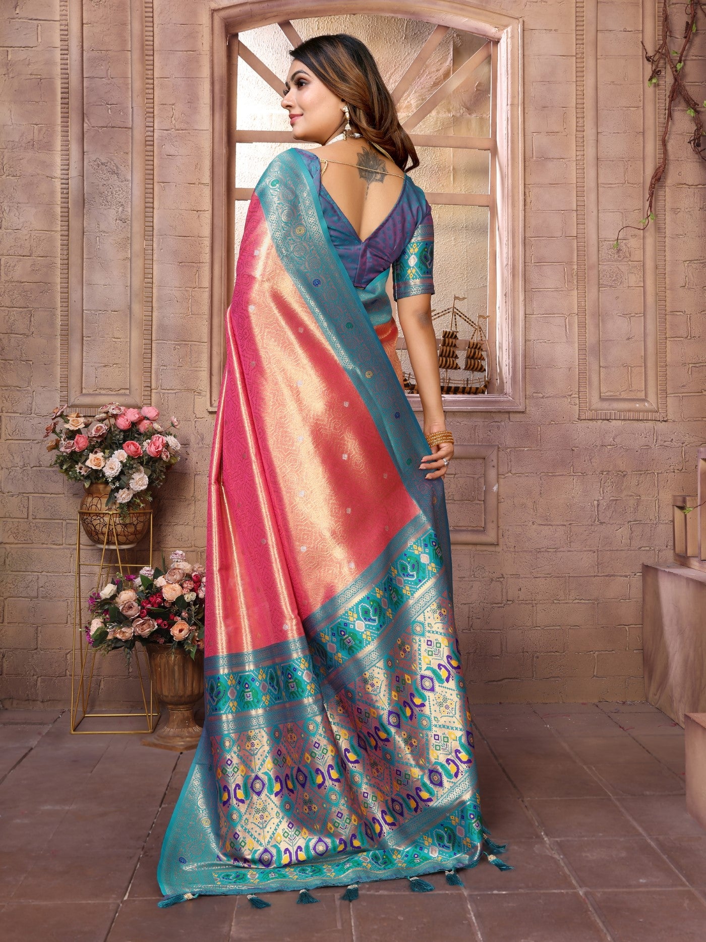 Red Banarasi Tissue Silk Saree With Traditional Weaving