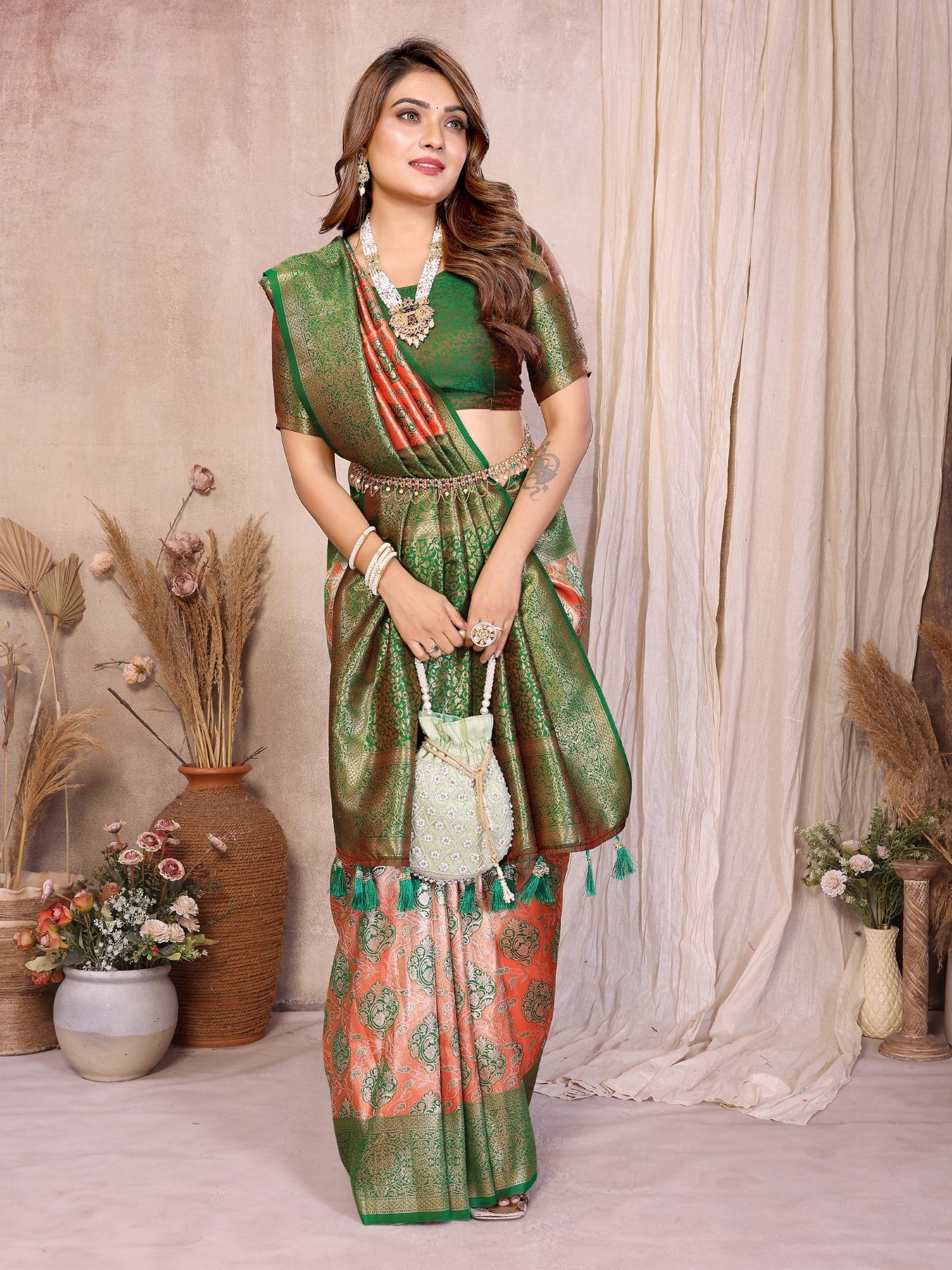 Red Banarasi Tissue Silk Saree With Traditional Weaving