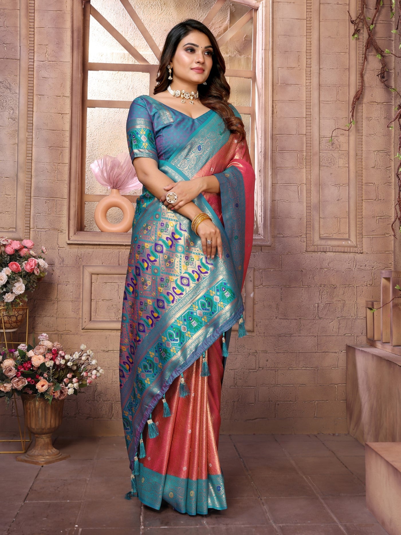 Red Banarasi Tissue Silk Saree With Traditional Weaving