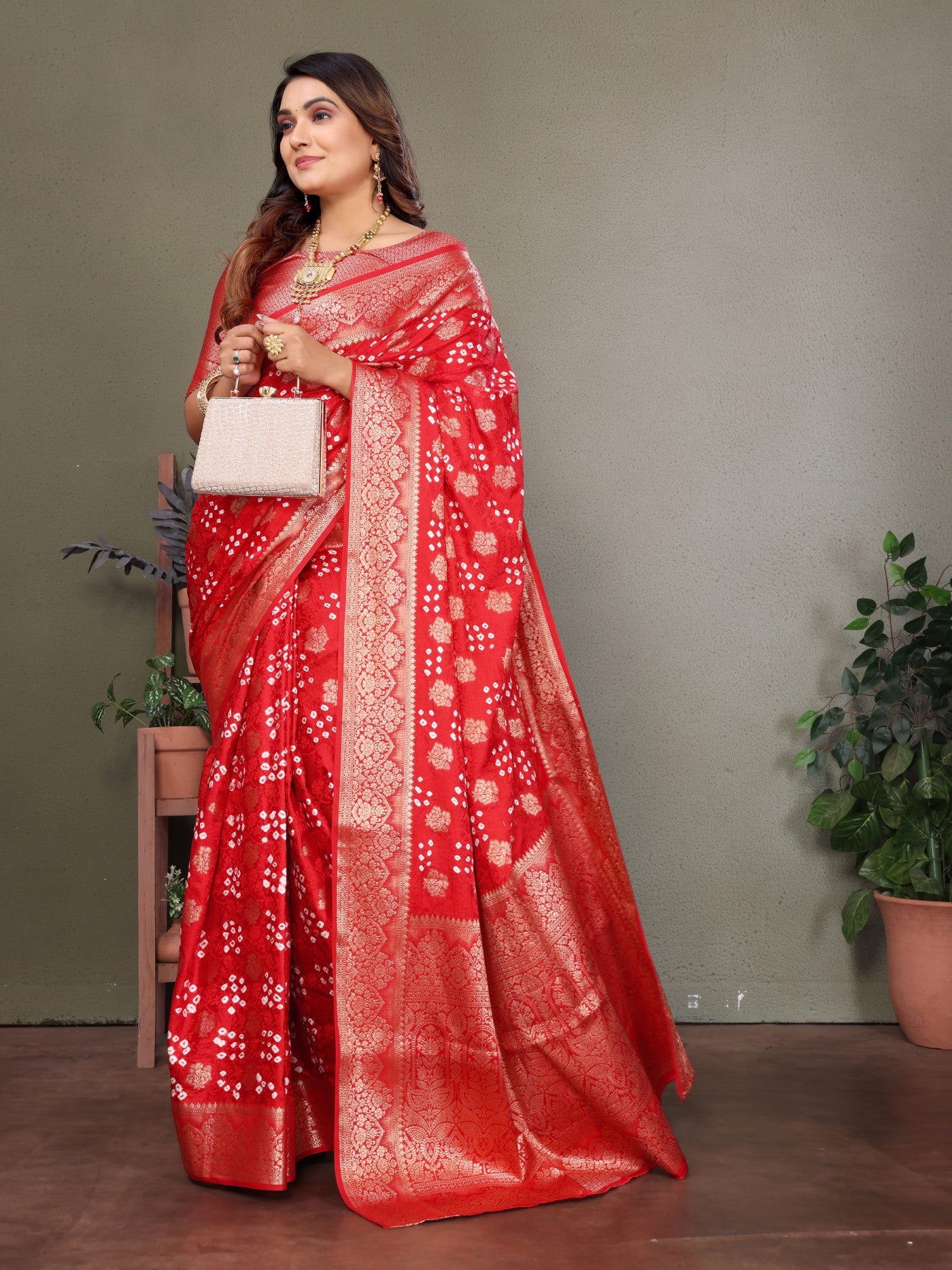 Red Bandhej Silk Saree With Elegant Zari Weaving