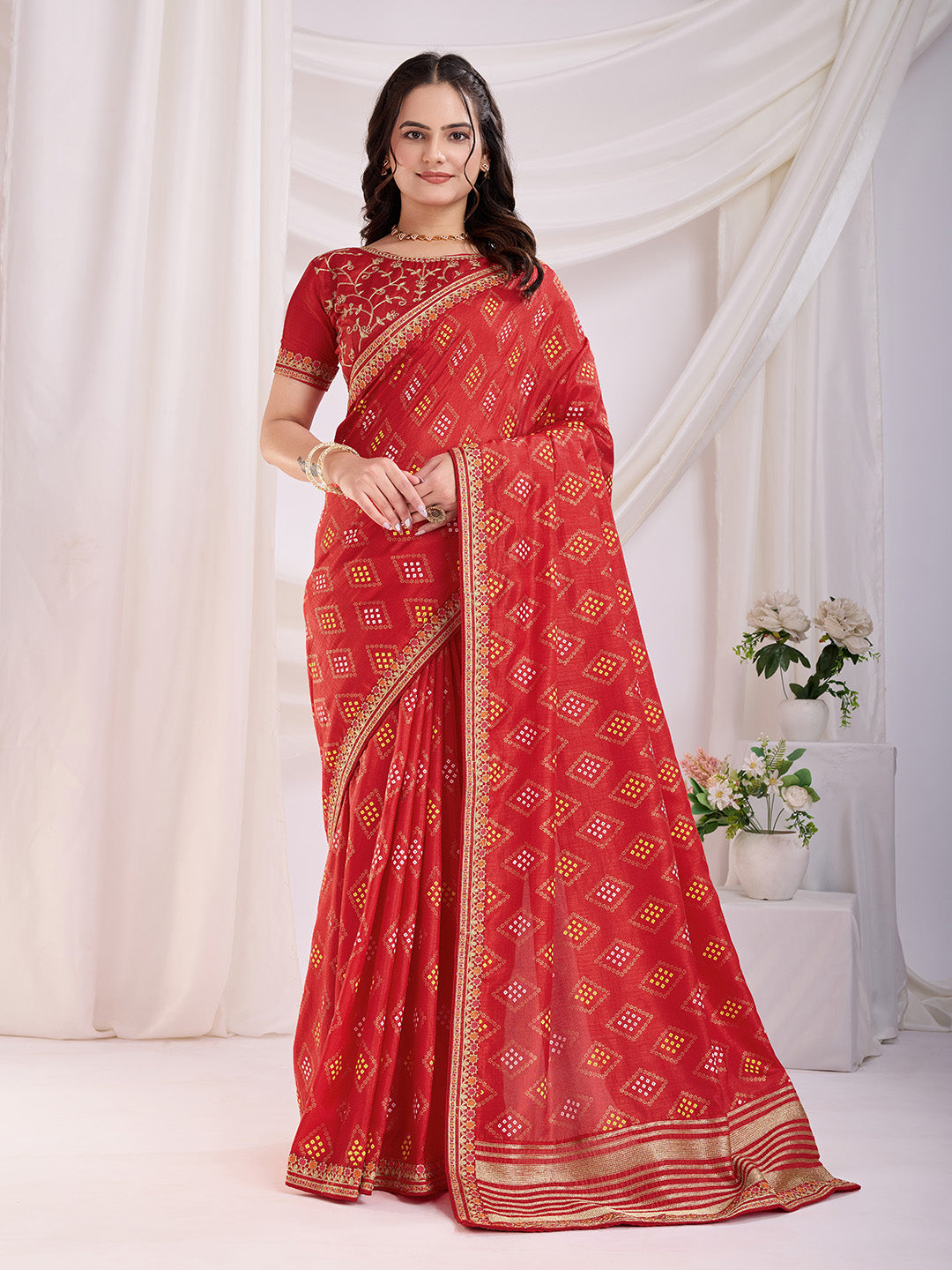 Red Beautiful Bandhej Printed With Embroidery Work Vichitra Silk Saree