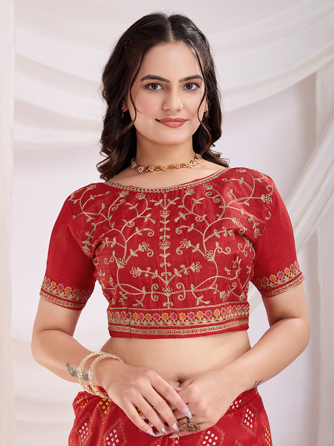 Red Beautiful Bandhej Printed With Embroidery Work Vichitra Silk Saree