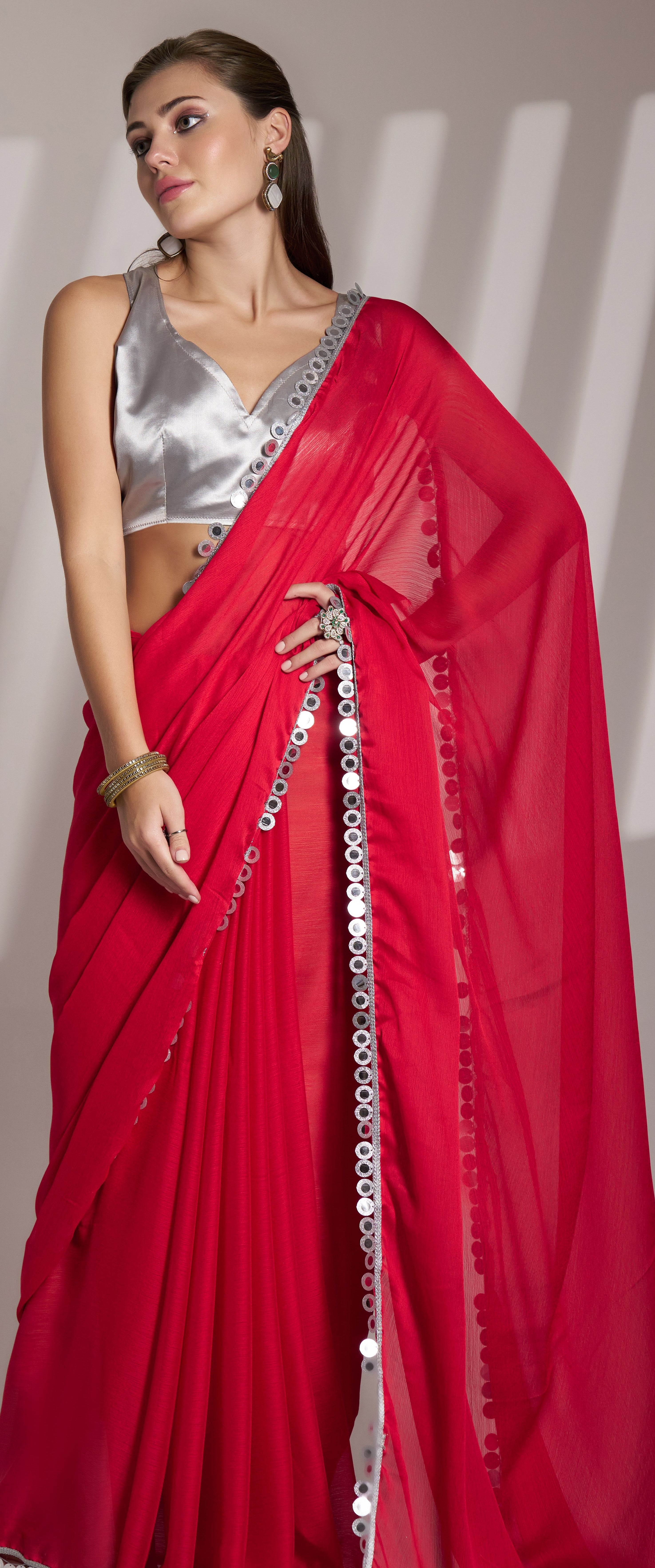 Red Beautiful Bollywood Style Partywear Satin Rangoli Saree