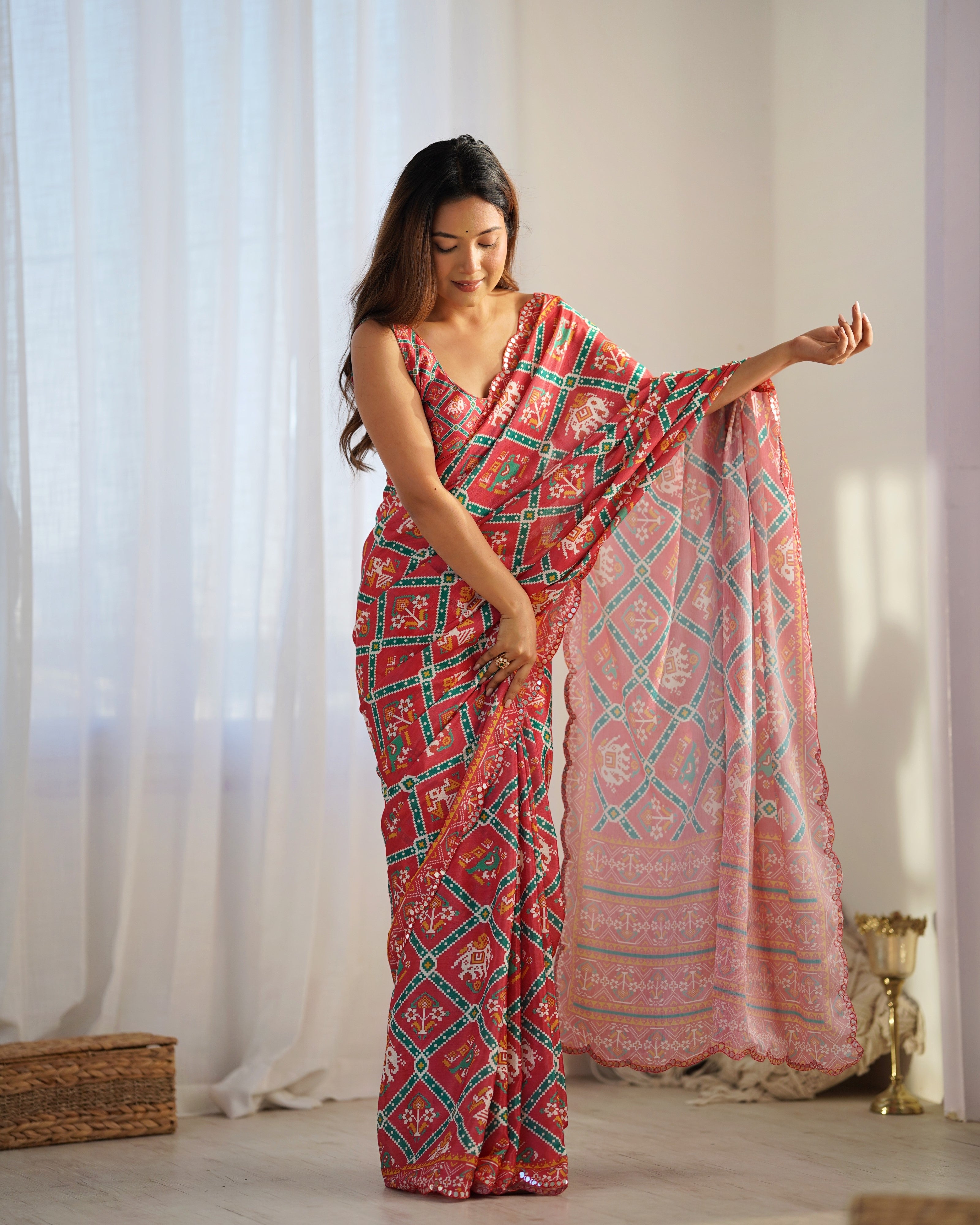 Red Beautiful Chinon Fabric Digital Printed Saree With Mirror Cut Work