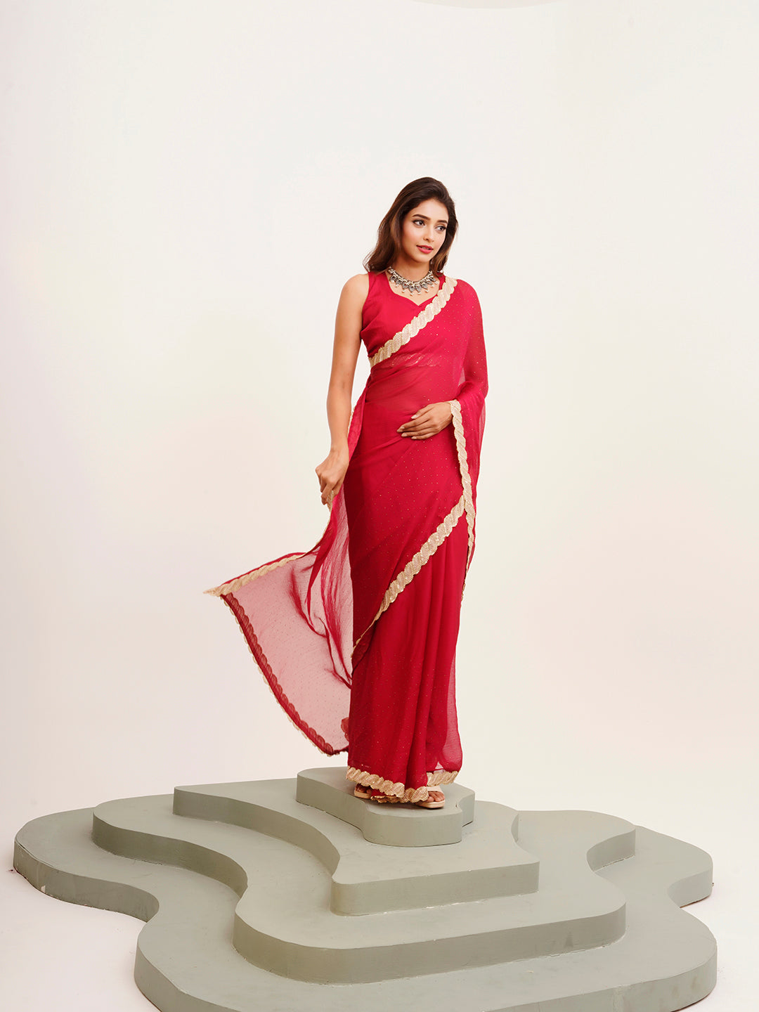 Red Beautiful Partywear Embellished Sequinned Chiffon Saree