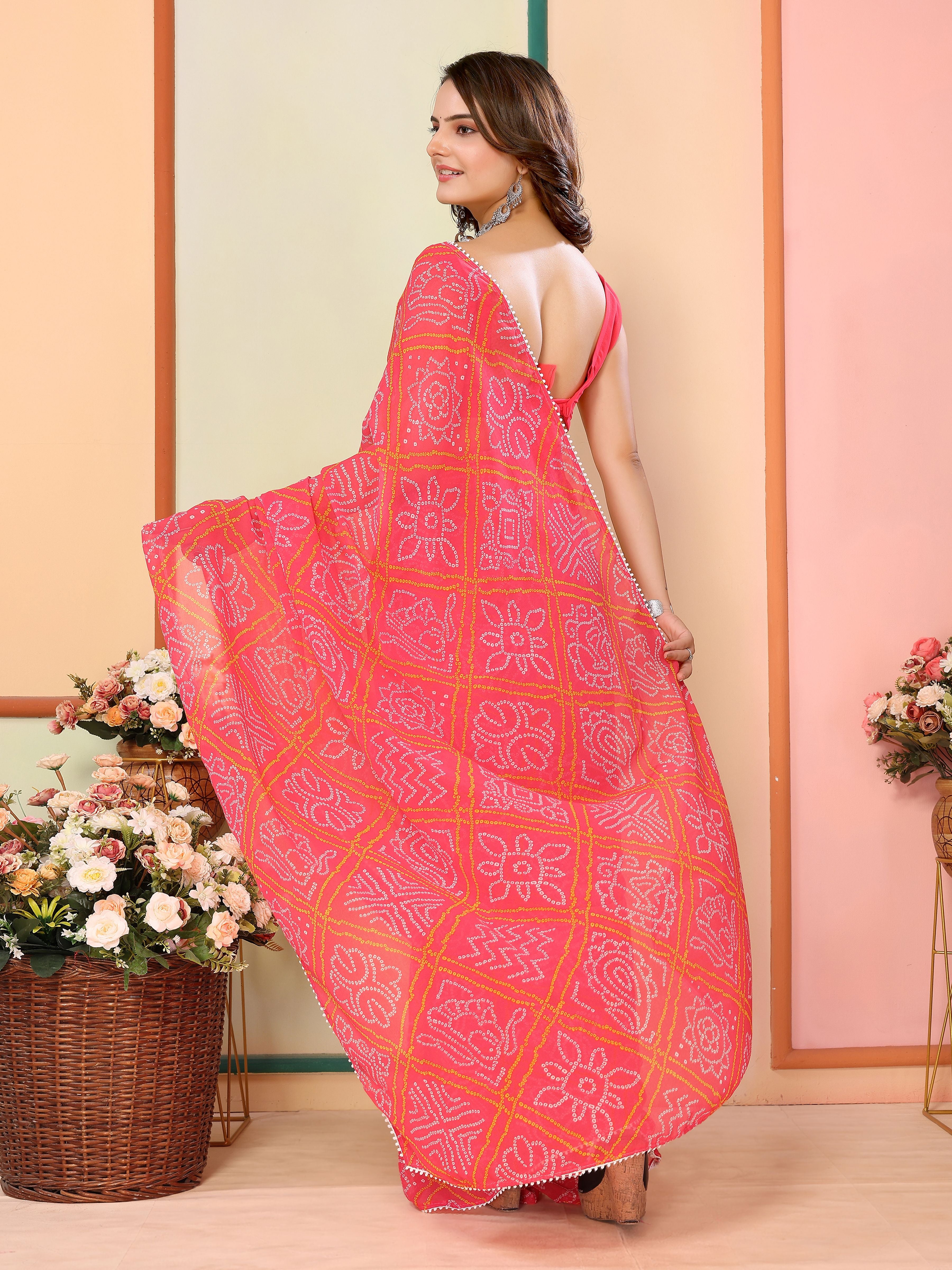 Red Beautiful Pinted Ready To Wear Ethnic Partywear Saree