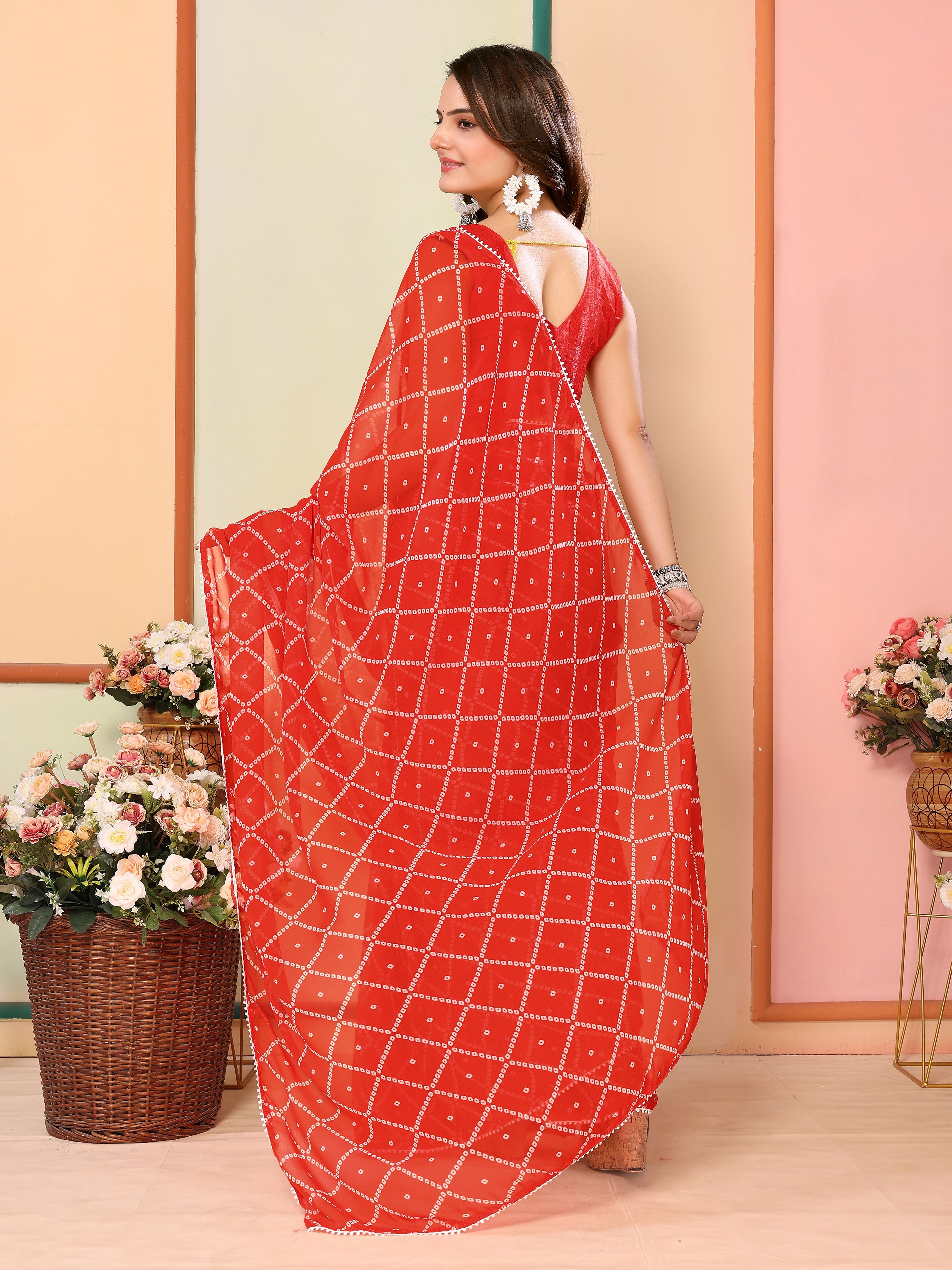 Red Beautiful Pinted Ready To Wear Ethnic Partywear Saree