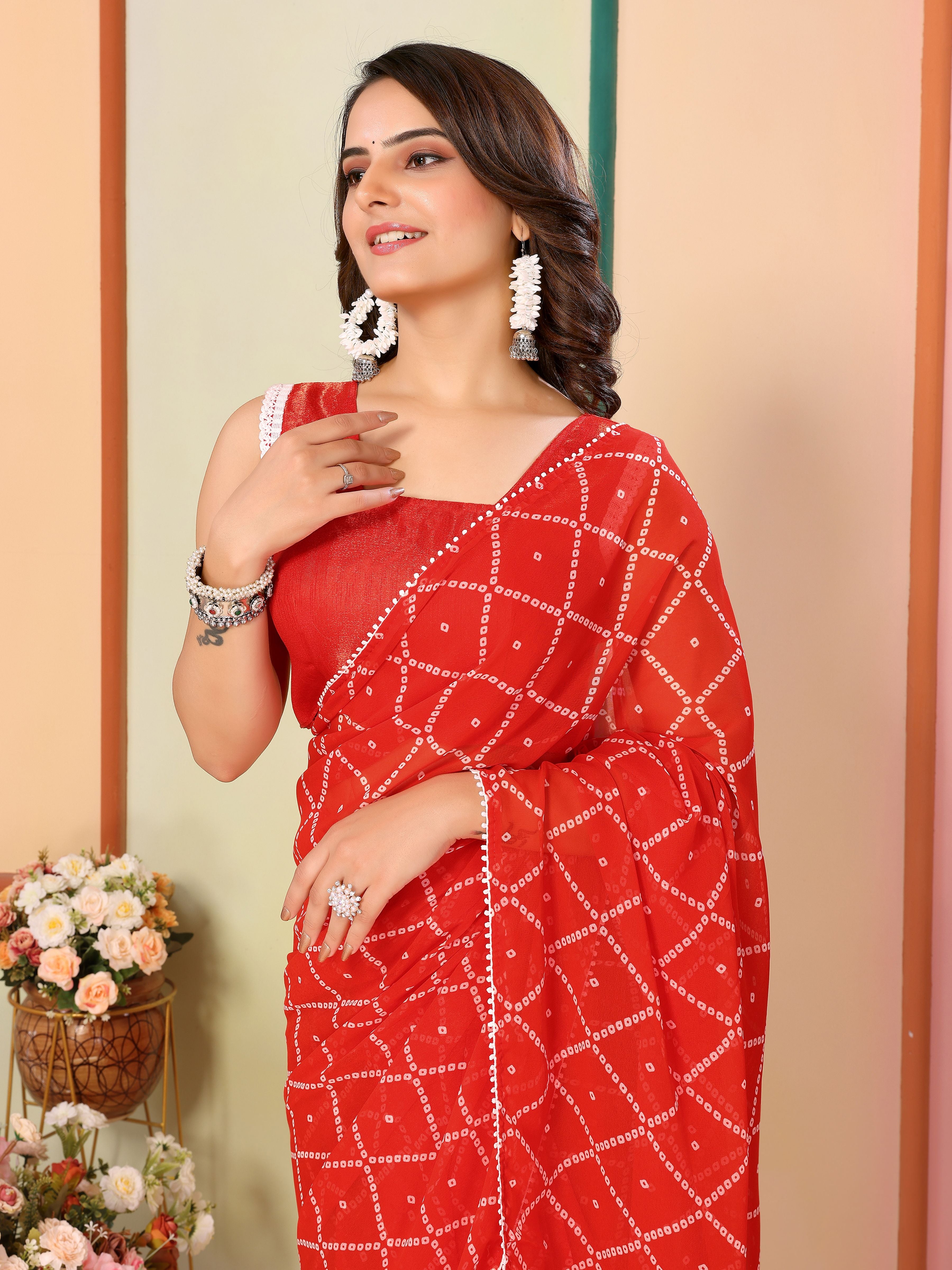 Red Beautiful Pinted Ready To Wear Ethnic Partywear Saree
