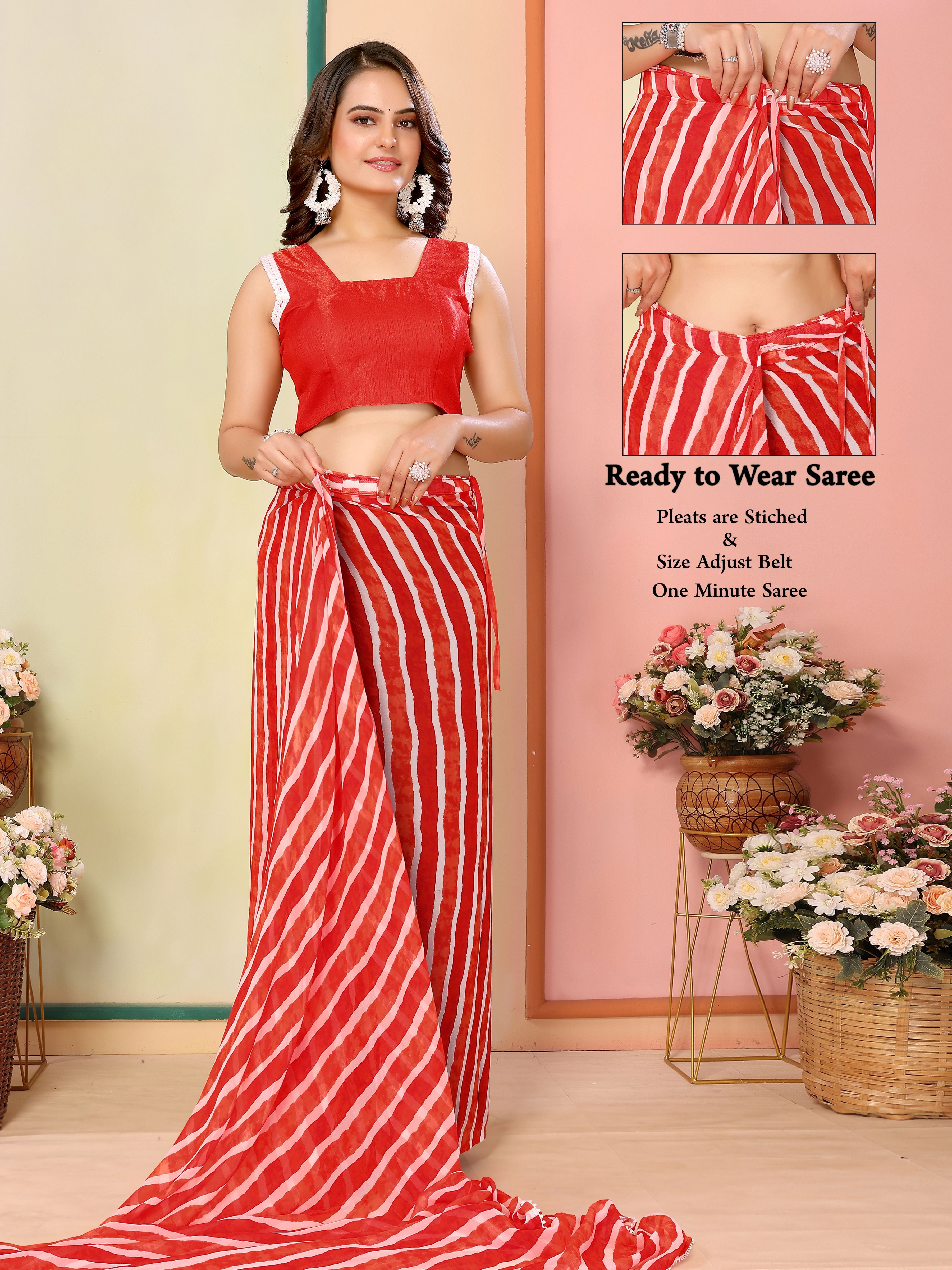 Red Beautiful Pinted Ready To Wear Ethnic Partywear Saree
