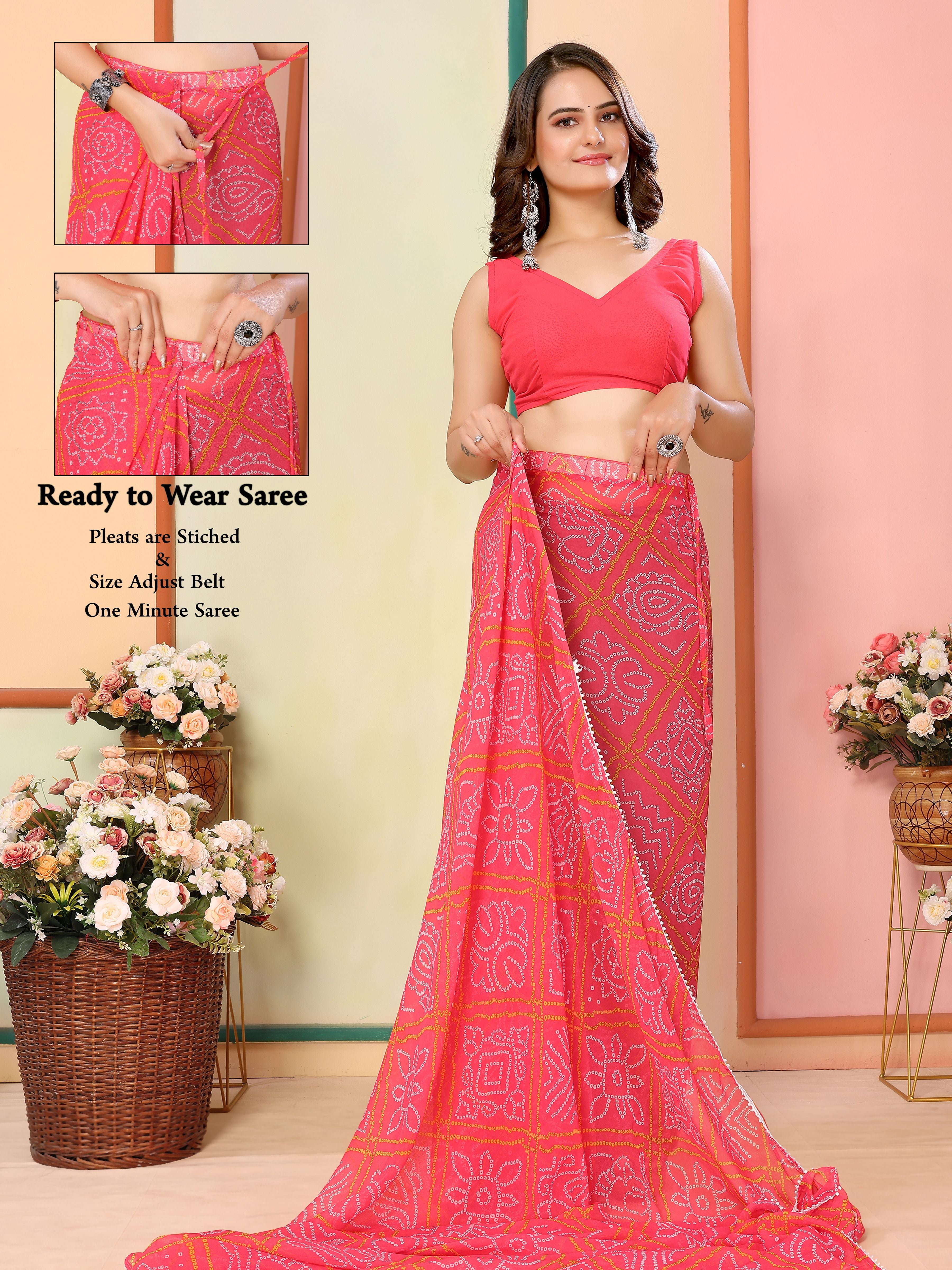 Red Beautiful Pinted Ready To Wear Ethnic Partywear Saree