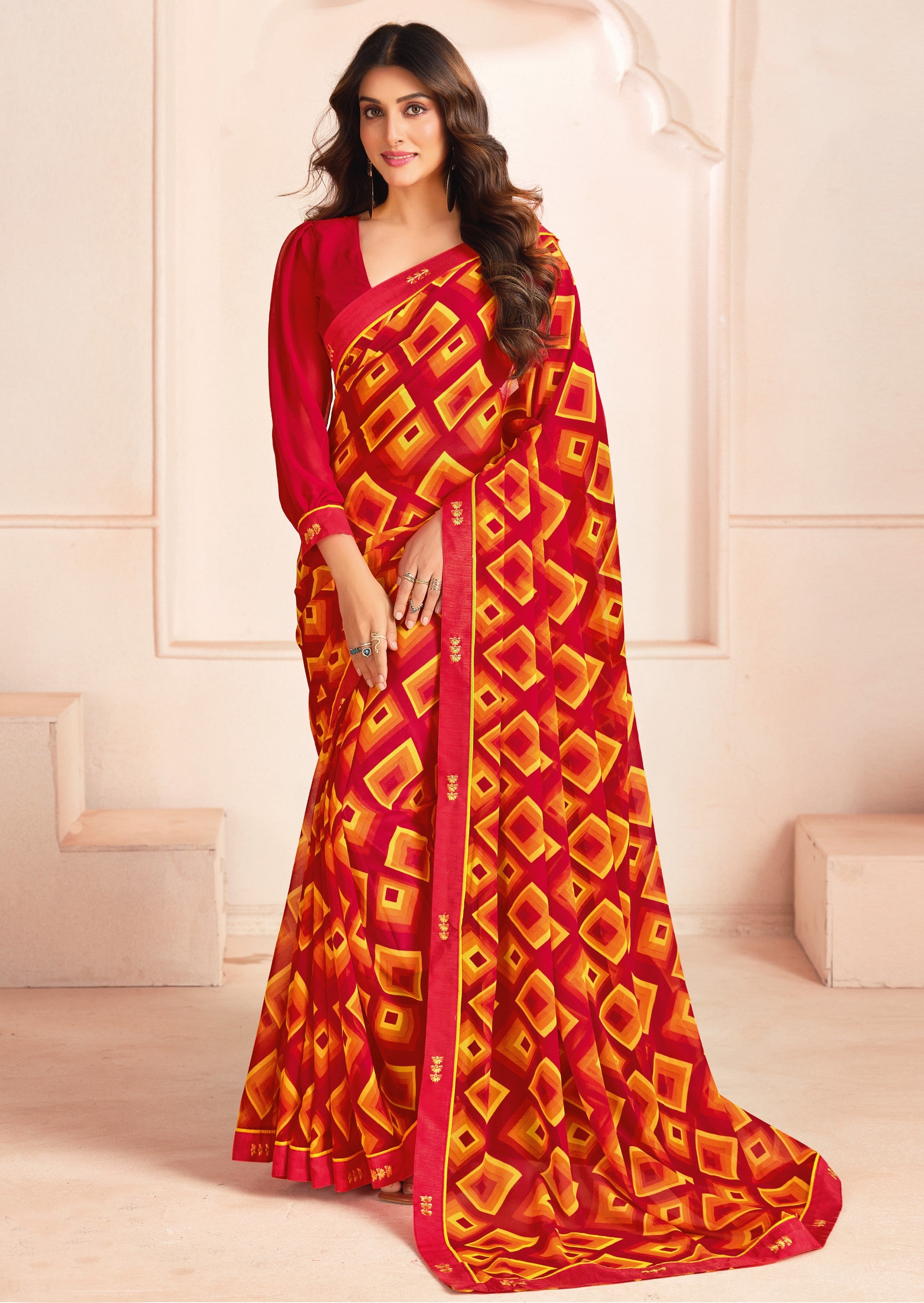 Red Bemberg Georgette Elegant Designer Digital Printed Ceremonial Classy Saree