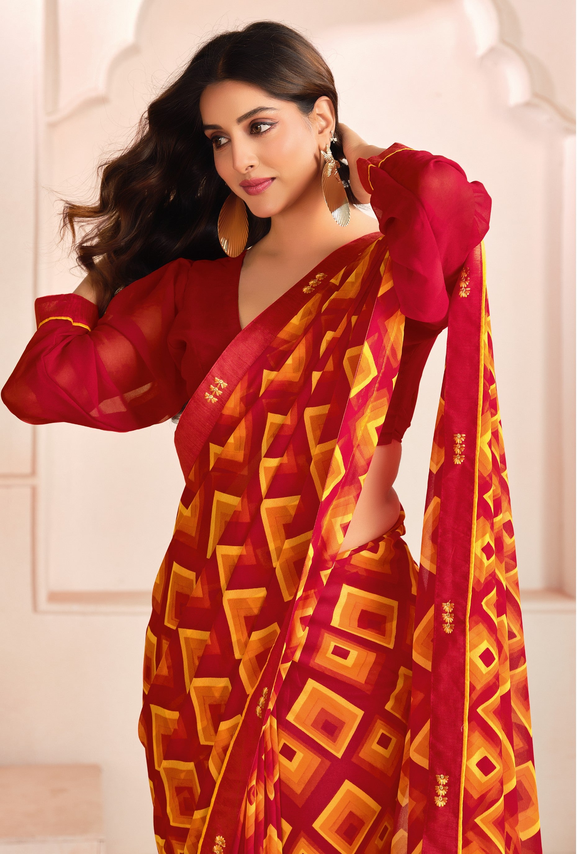 Red Bemberg Georgette Elegant Designer Digital Printed Ceremonial Classy Saree