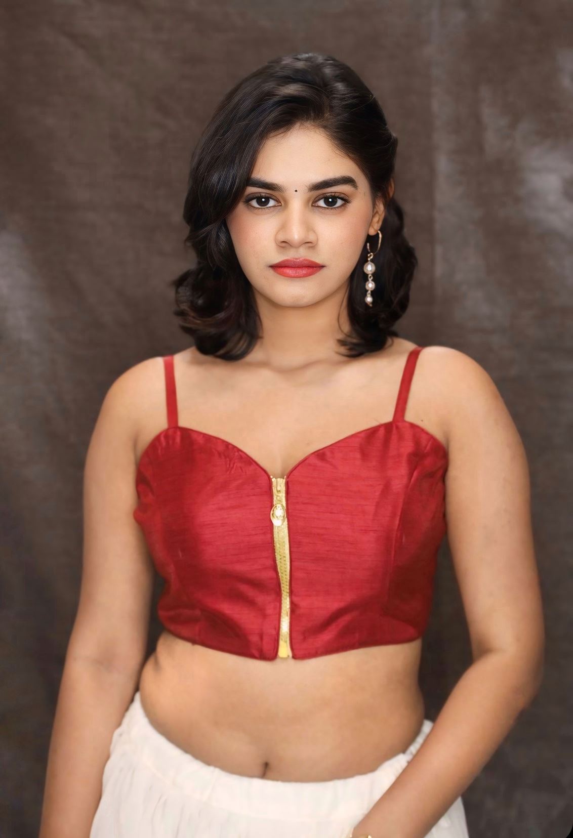 Red Blouse In Silk With Front Zip Closure, Strap Sleeves And Corset Neckline