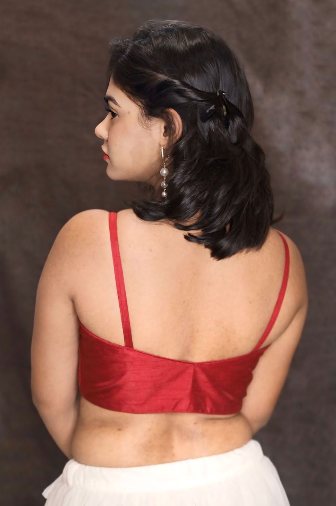 Red Blouse In Silk With Front Zip Closure, Strap Sleeves And Corset Neckline