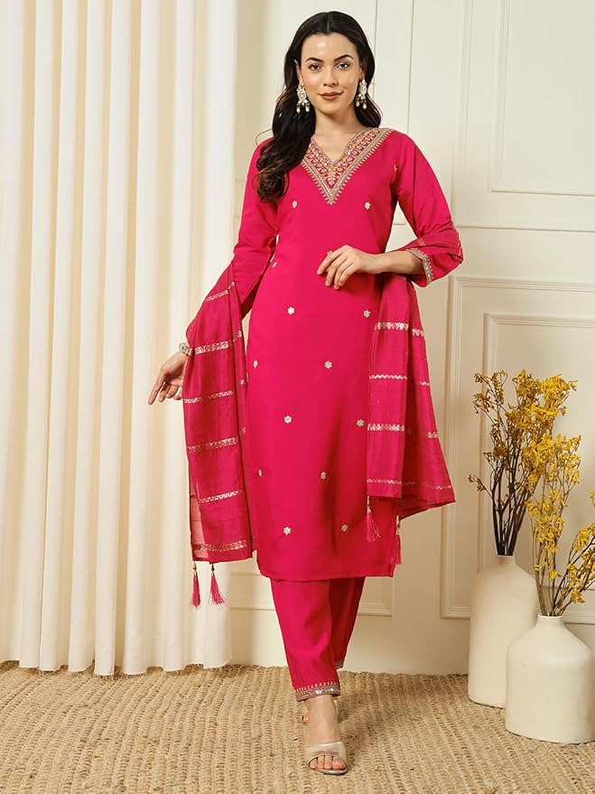 Red Chanderi Kurta Pant Set With Embroidery Work
