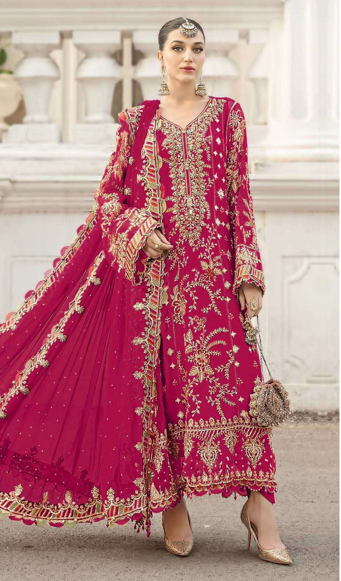 Red Chiffon Designer Suit Set With Delicate Embroidery