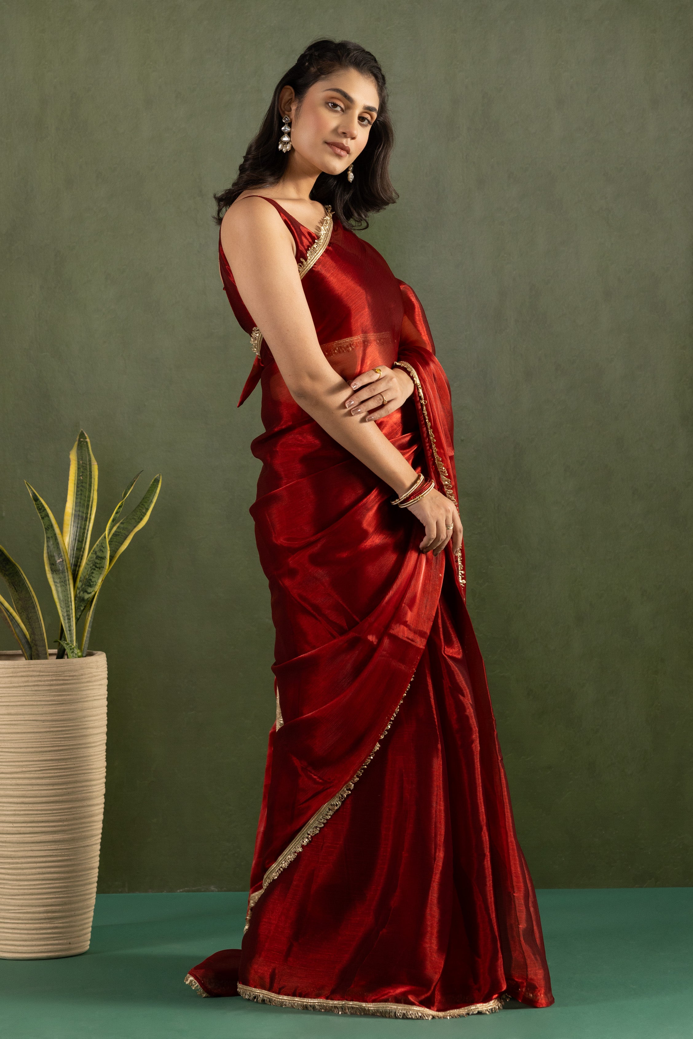 Red Chiffon Ready To Wear Designer Solid Partywear Saree