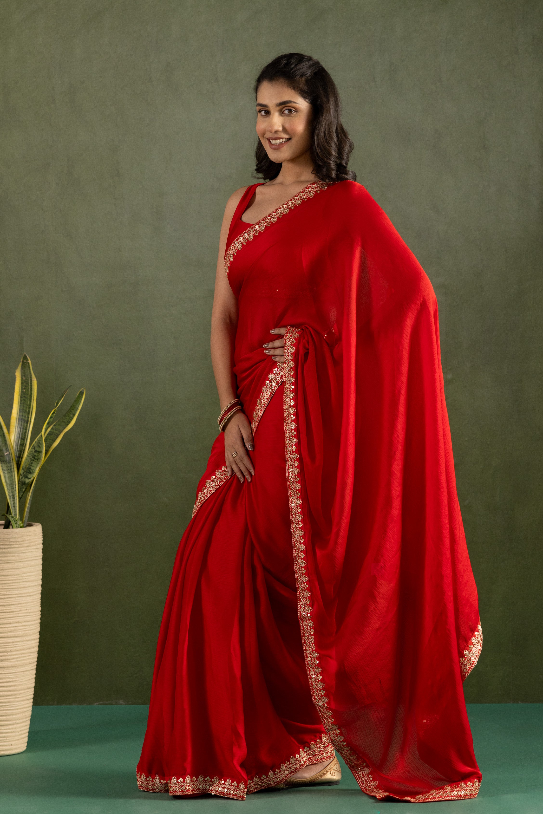 Red Chiffon Ready To Wear Designer Solid Partywear Saree