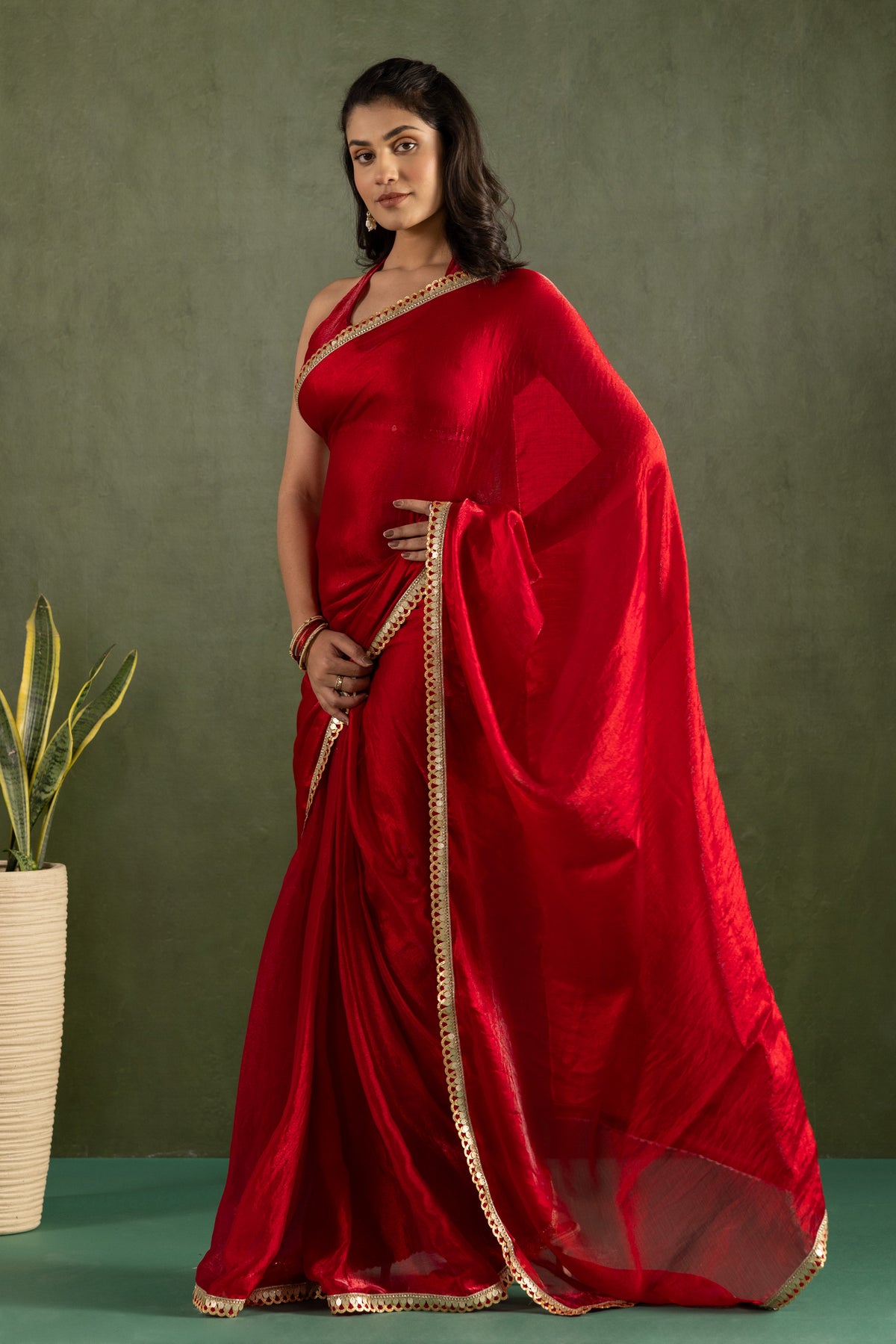 Red Chiffon Ready To Wear Designer Solid Partywear Saree