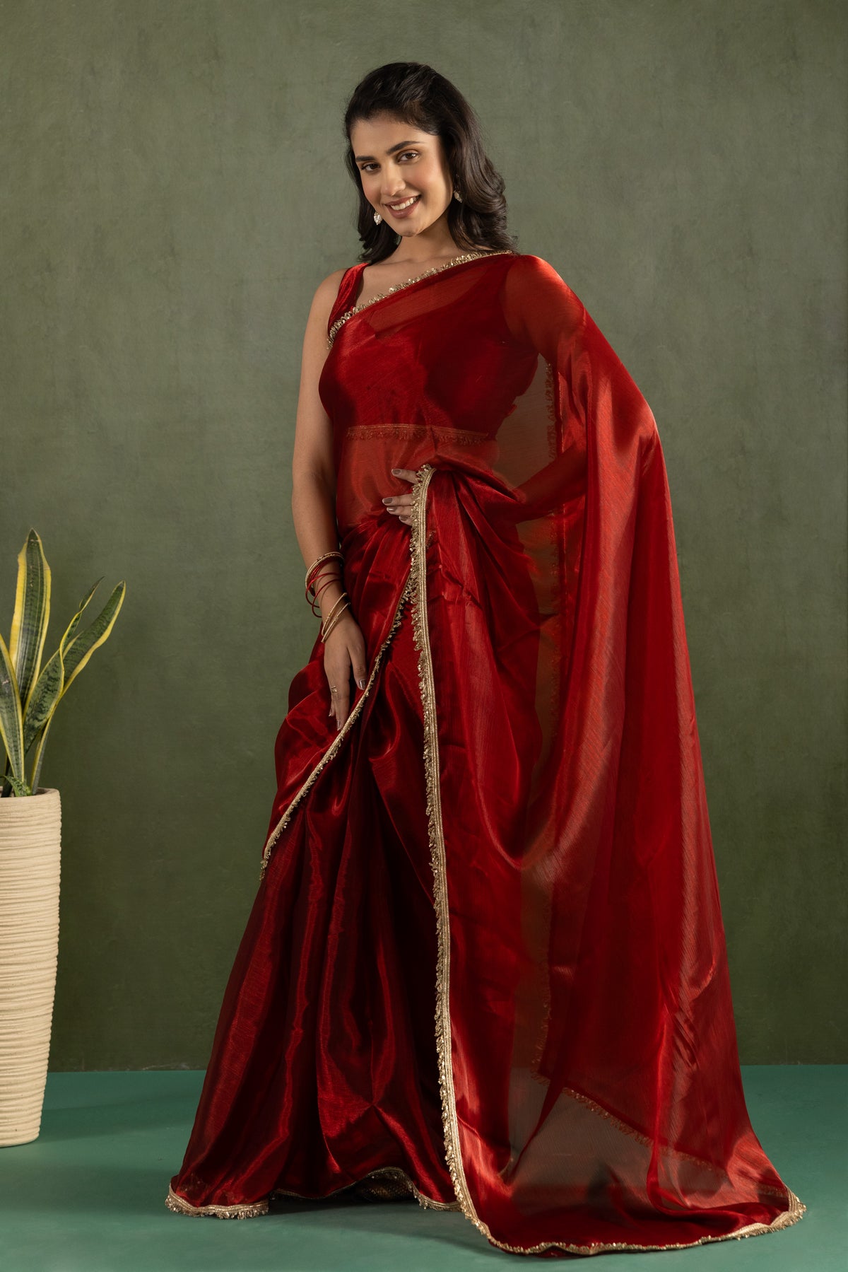 Red Chiffon Ready To Wear Designer Solid Partywear Saree