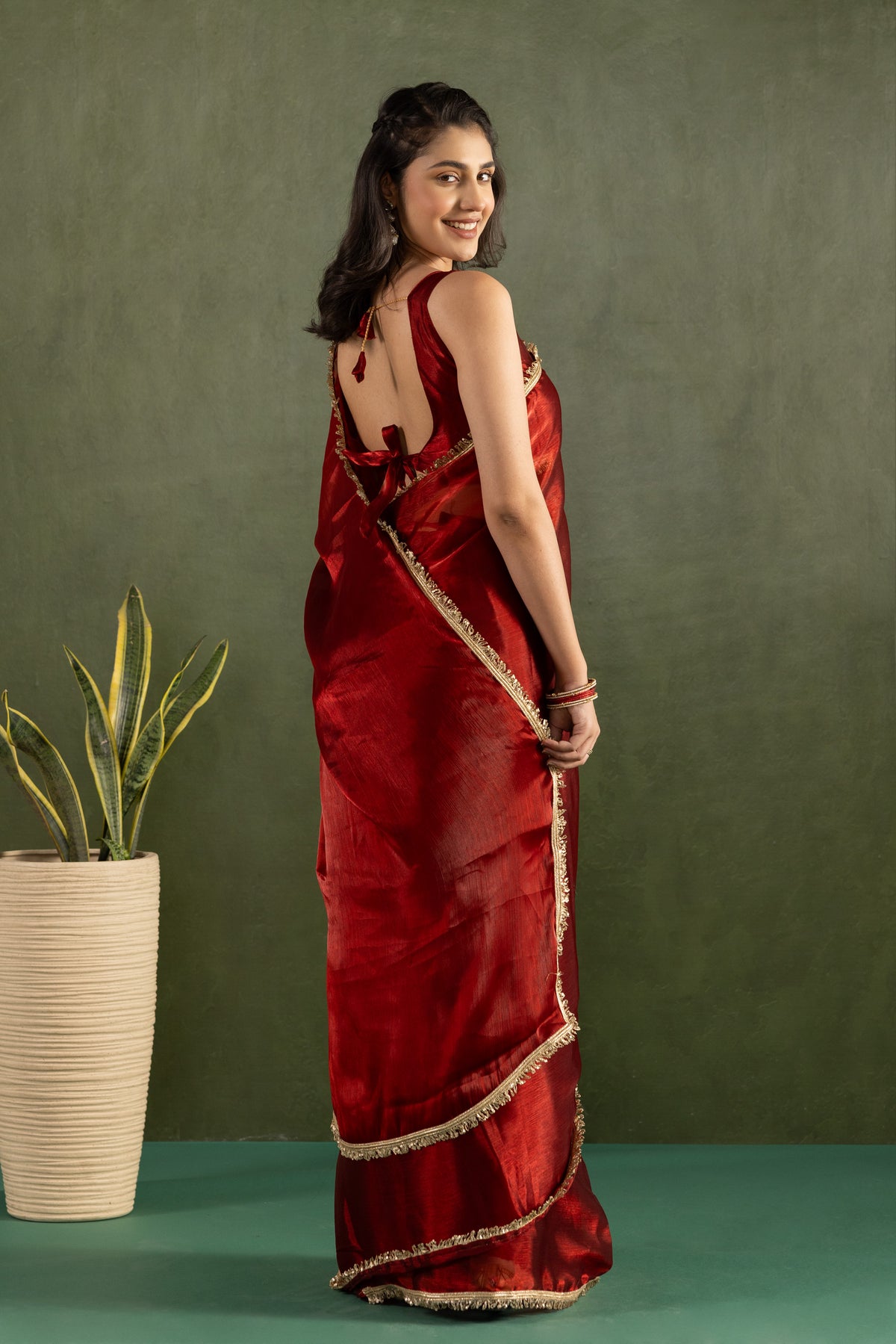 Red Chiffon Ready To Wear Designer Solid Partywear Saree