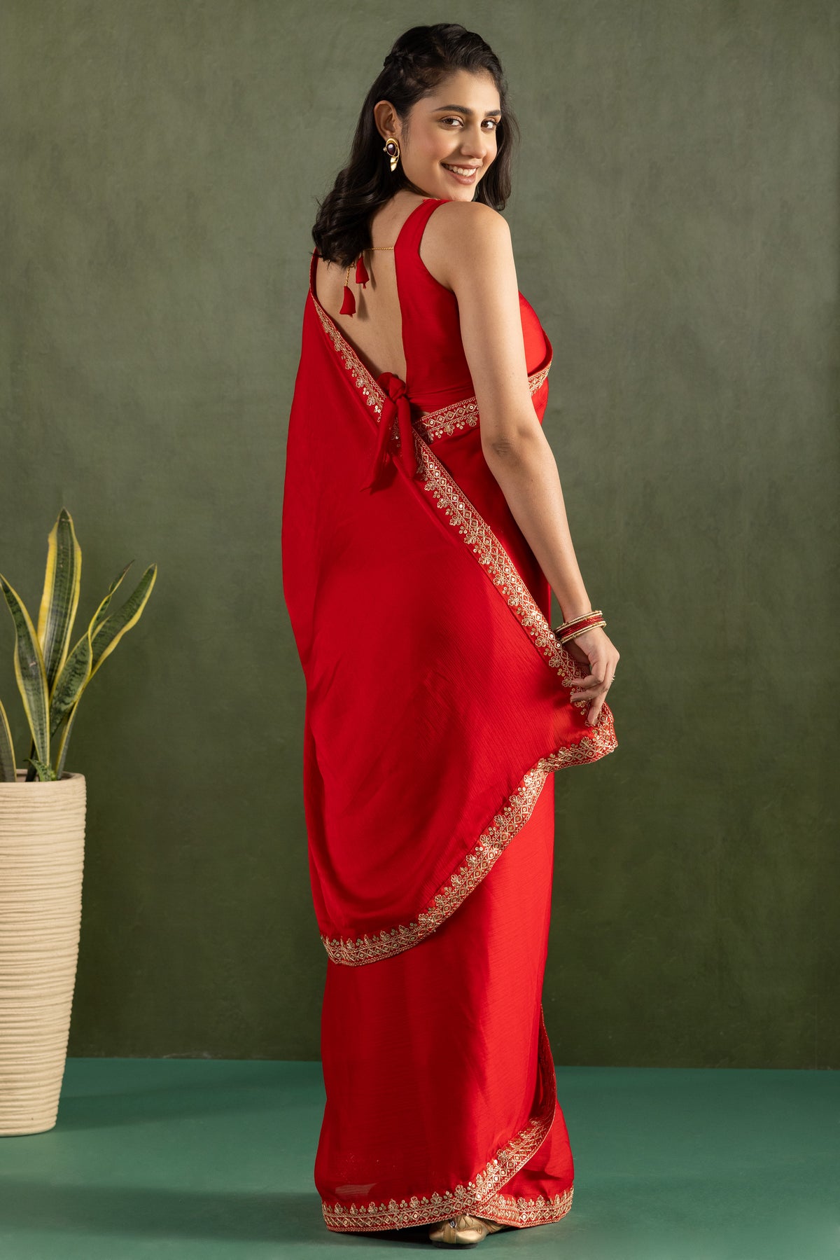 Red Chiffon Ready To Wear Designer Solid Partywear Saree