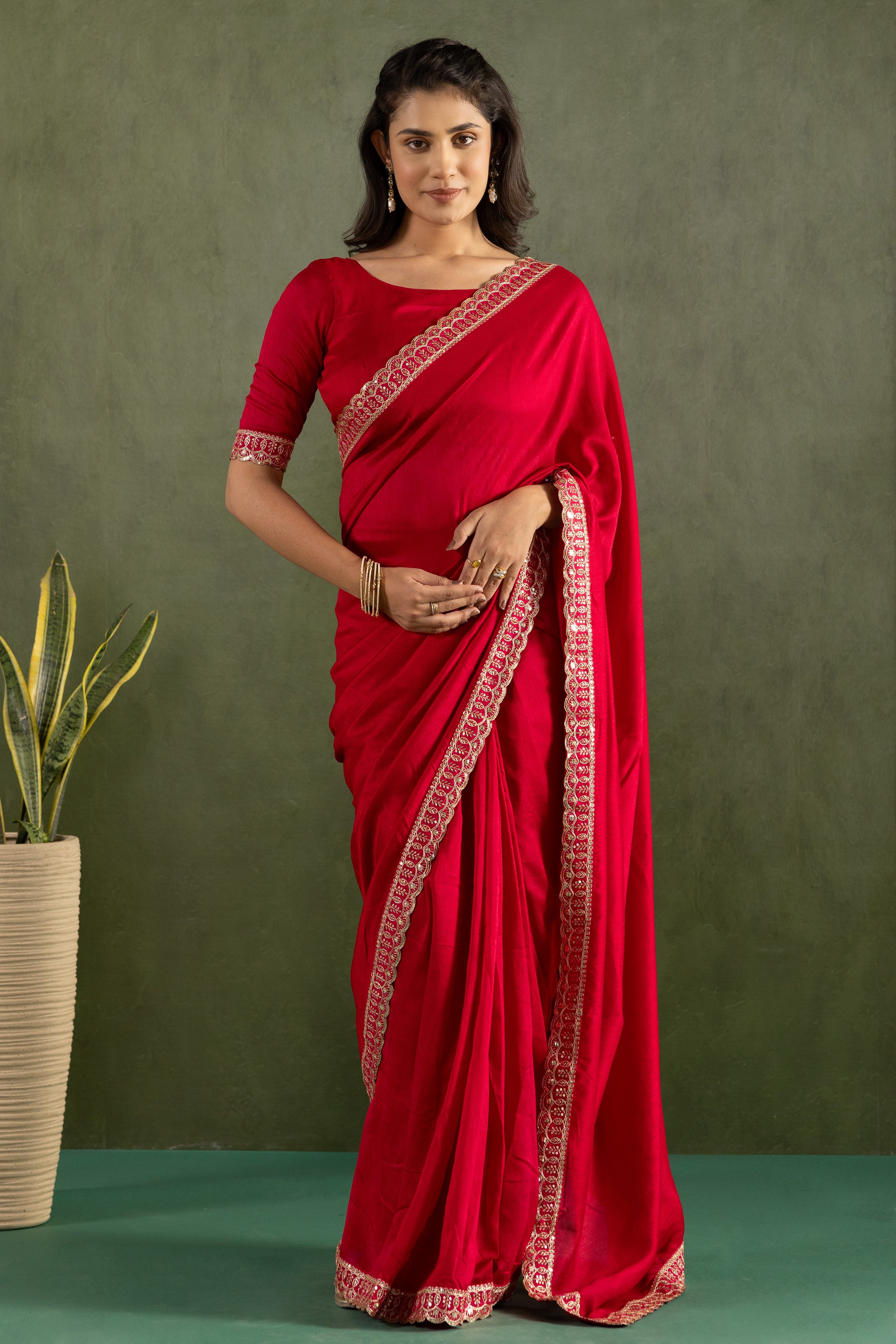Red Chiffon Ready To Wear Saree For Graceful Bollywood Style Saree