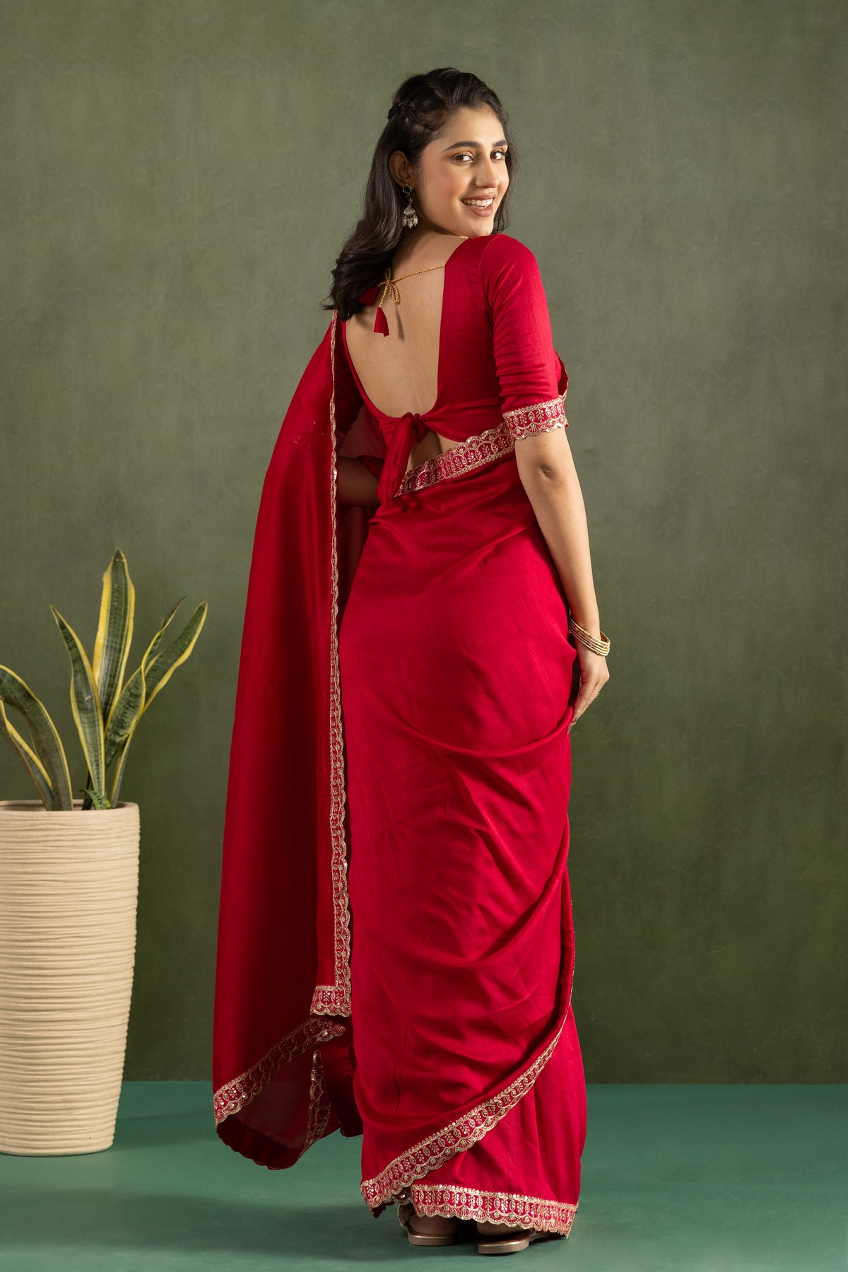 Red Chiffon Ready To Wear Saree For Graceful Bollywood Style Saree