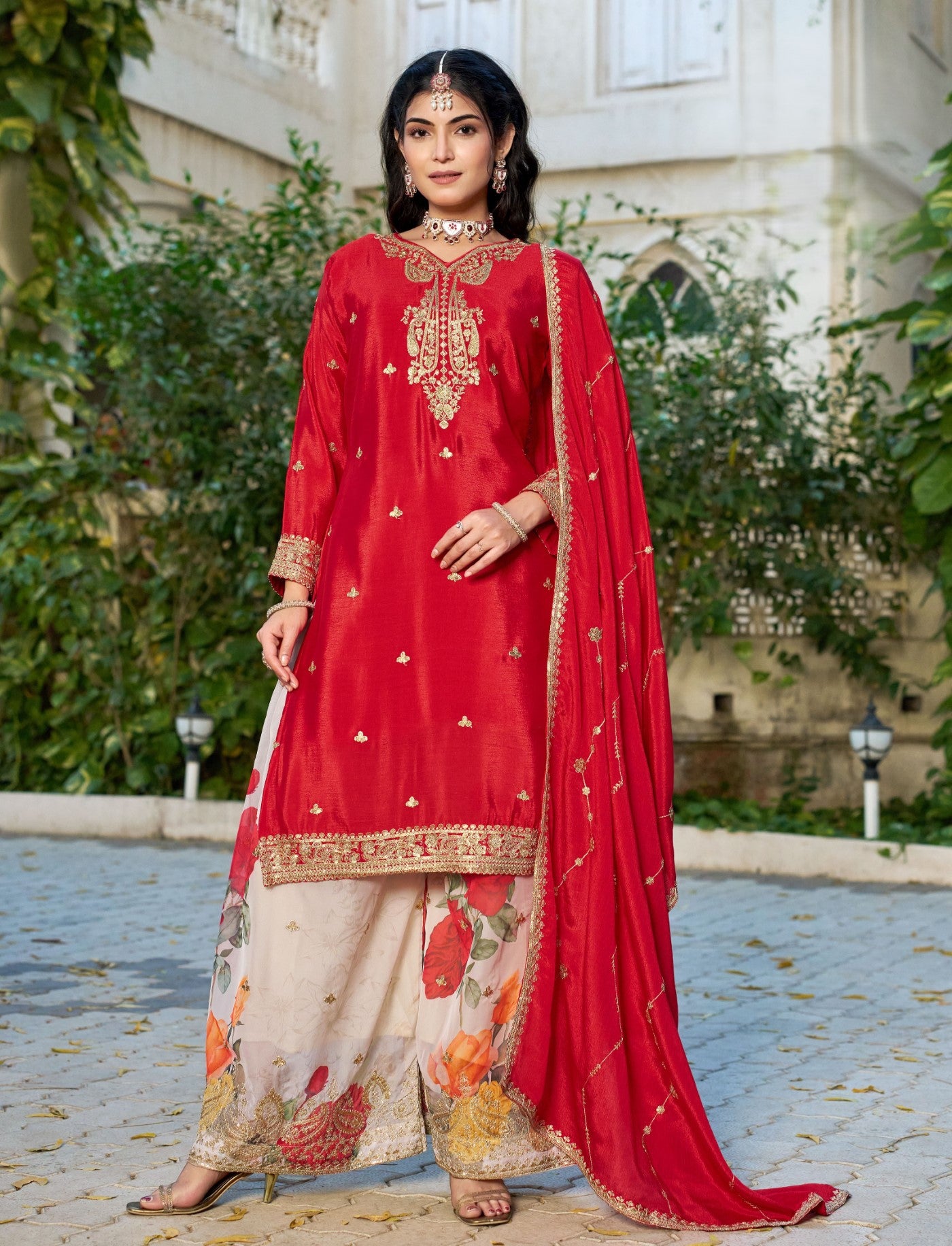 Red Chinon Designer Suit Set With Elegant Embroidery