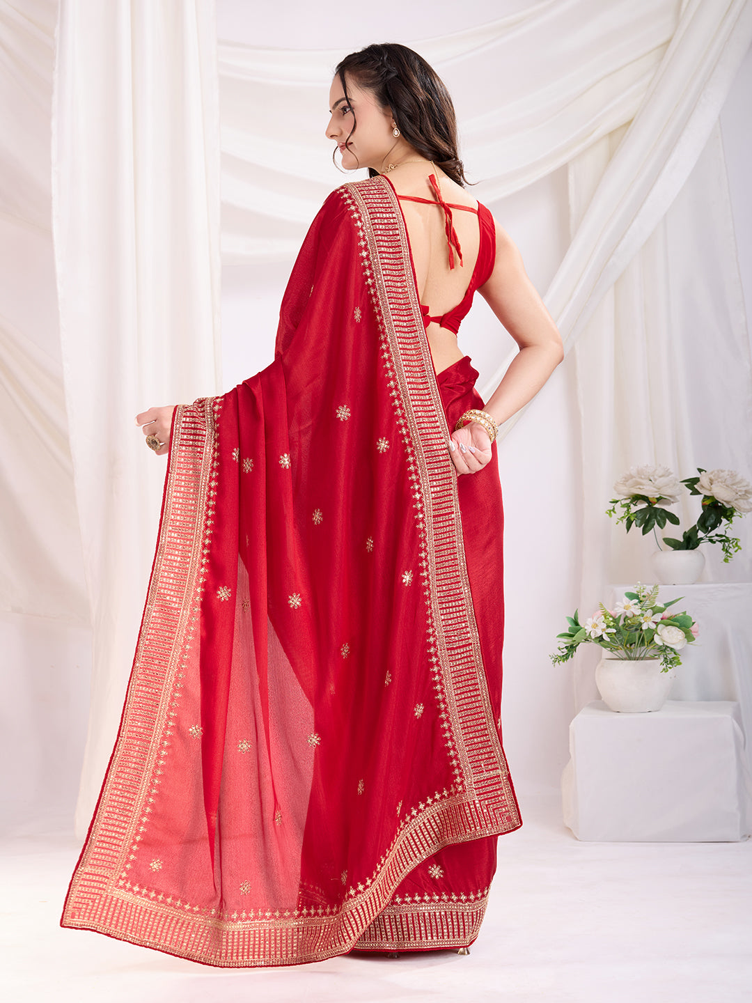Red Chinon Silk Desigenr Zari Embroidered Ceremonial Saree