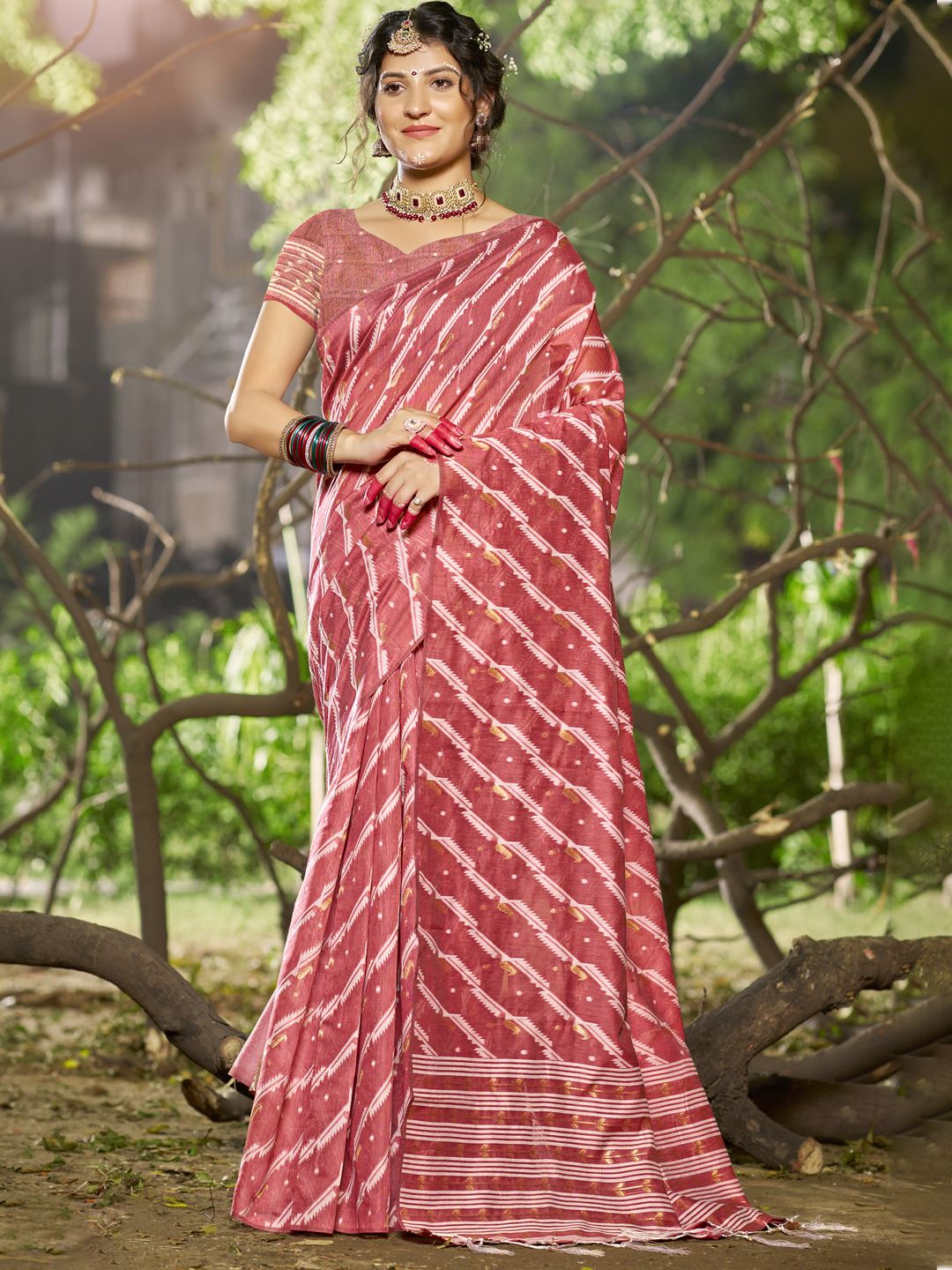 Red Color Leheriya Print Linen Cotton Saree