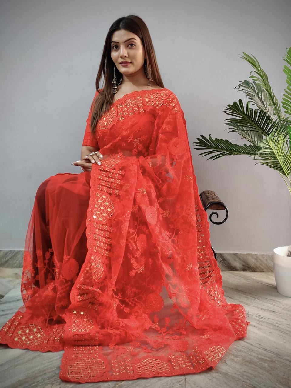 Red Colour Butterfly Work Embroidery Work Saree