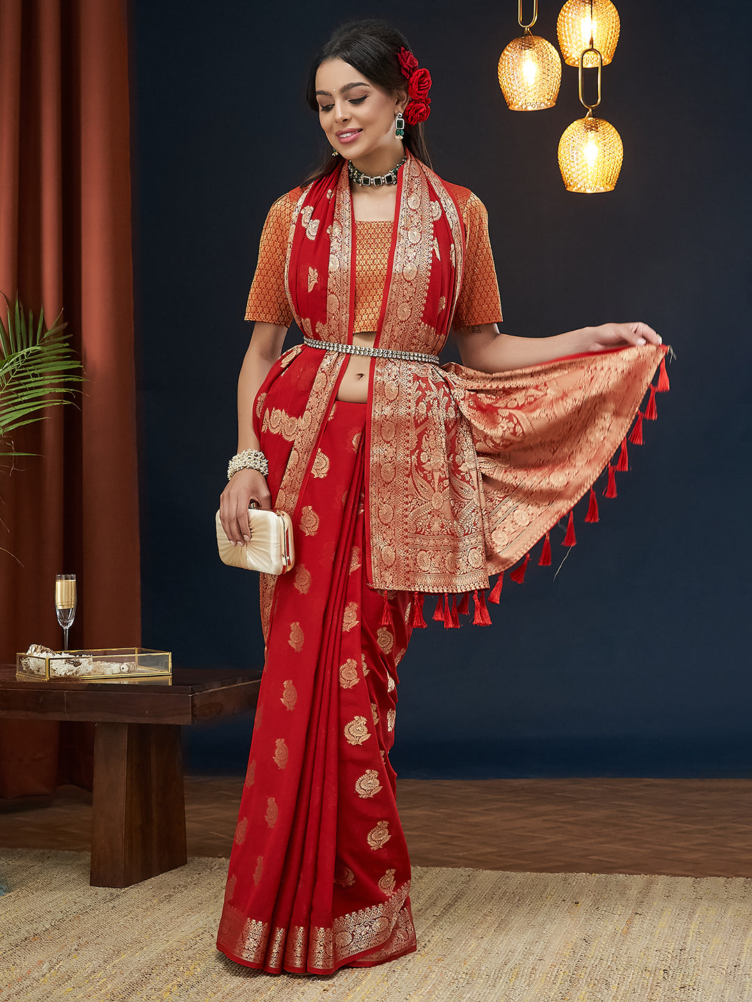 Red Colour Georgette Designer Zari Woven Saree For Partywear Looks