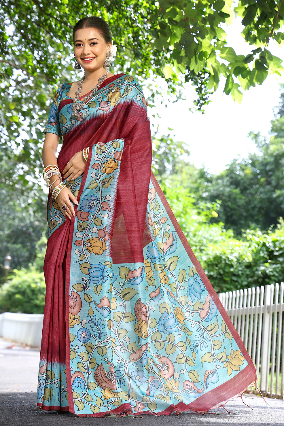 Red Cotton Silk Saree with Solid Design and Printed Pallu