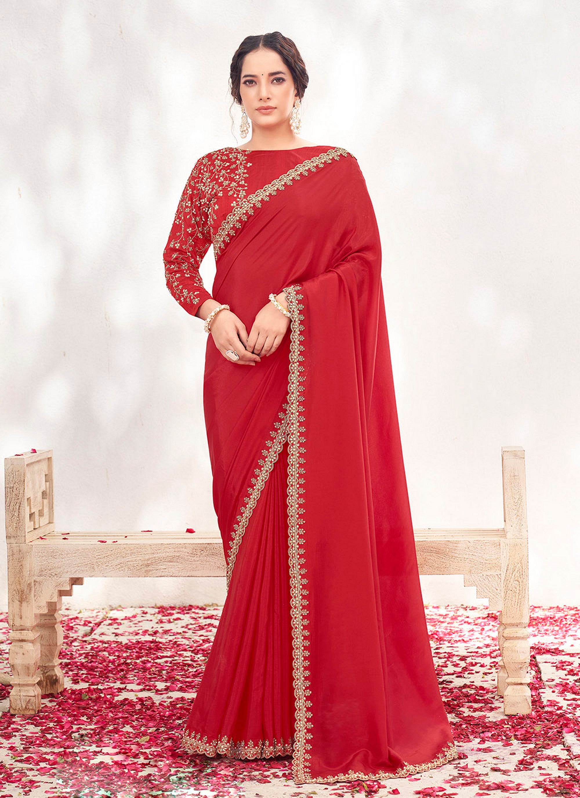 Red Crepe Satin Silk Heavy Embroidery Work Wedding Wear Saree