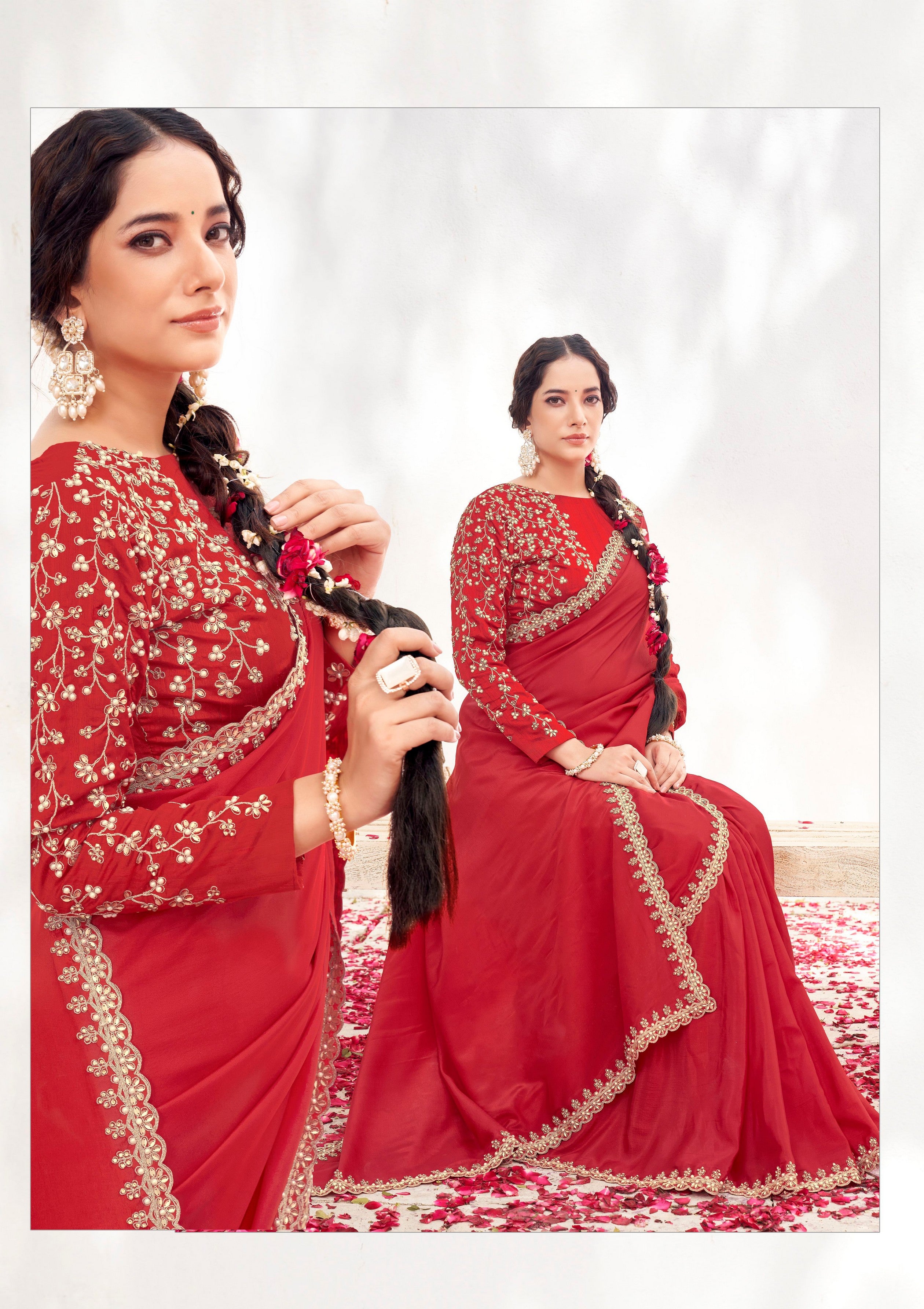 Red Crepe Satin Silk Heavy Embroidery Work Wedding Wear Saree