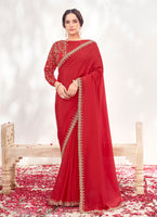 Red Crepe Satin Silk Heavy Embroidery Work Wedding Wear Saree