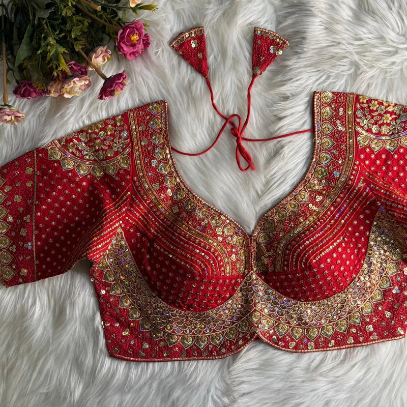 Red Designer Bridal Blouse with Heavy Stars, Rainbow & Sequins Work  Roman Silk