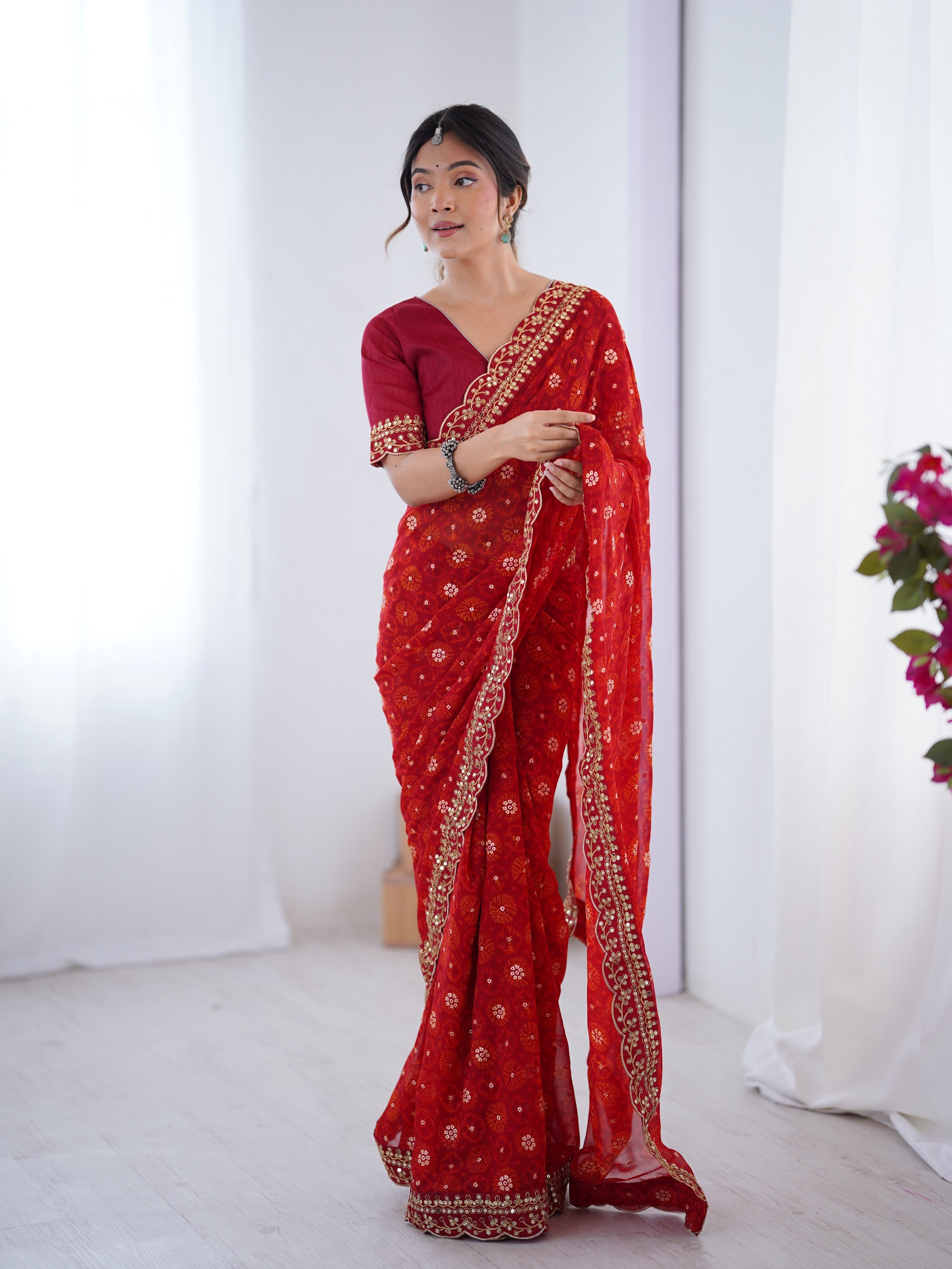 Red Designer Printed With Embroidery Lace Work Georgette Festive Saree