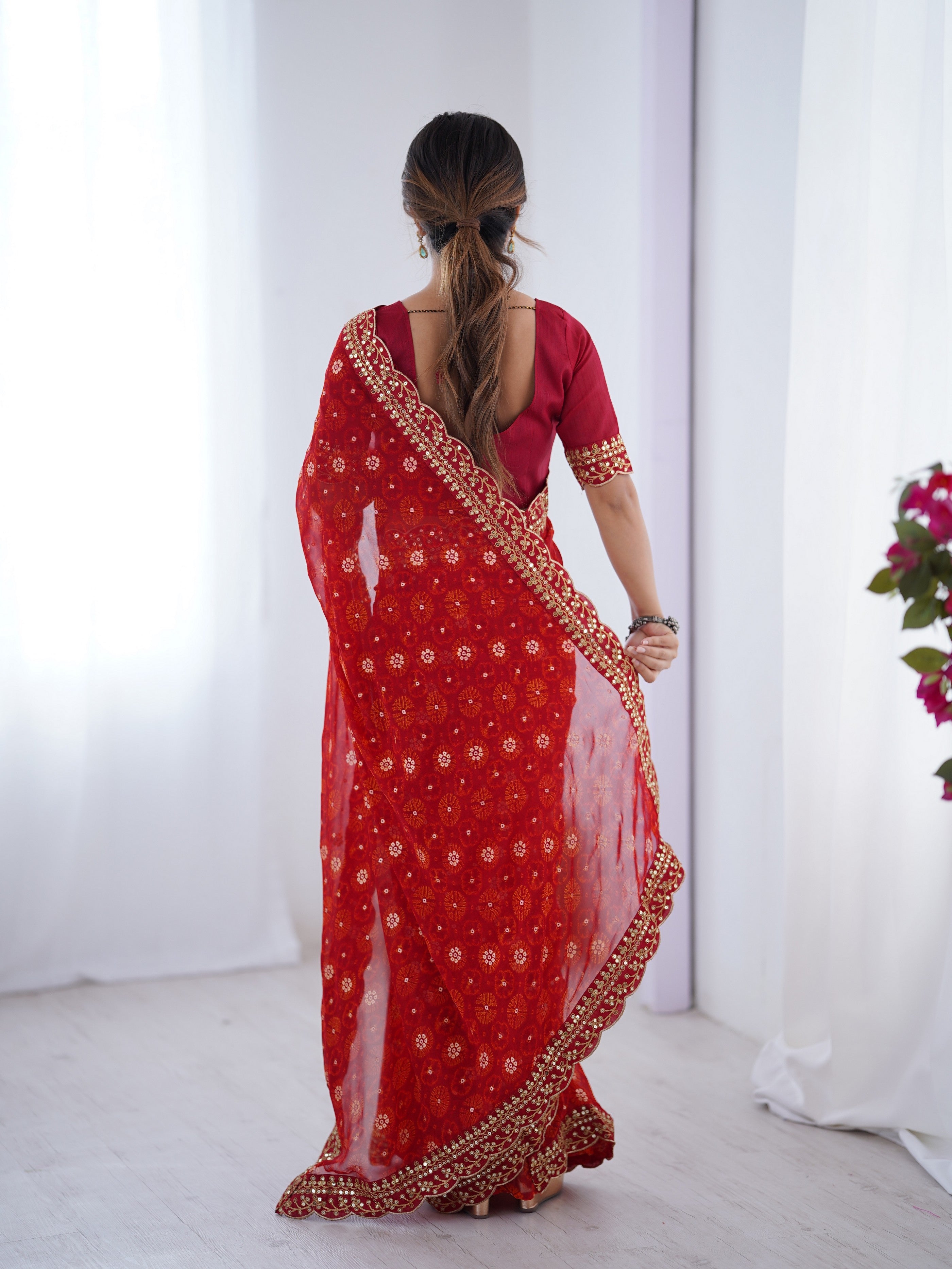 Red Designer Printed With Embroidery Lace Work Georgette Festive Saree